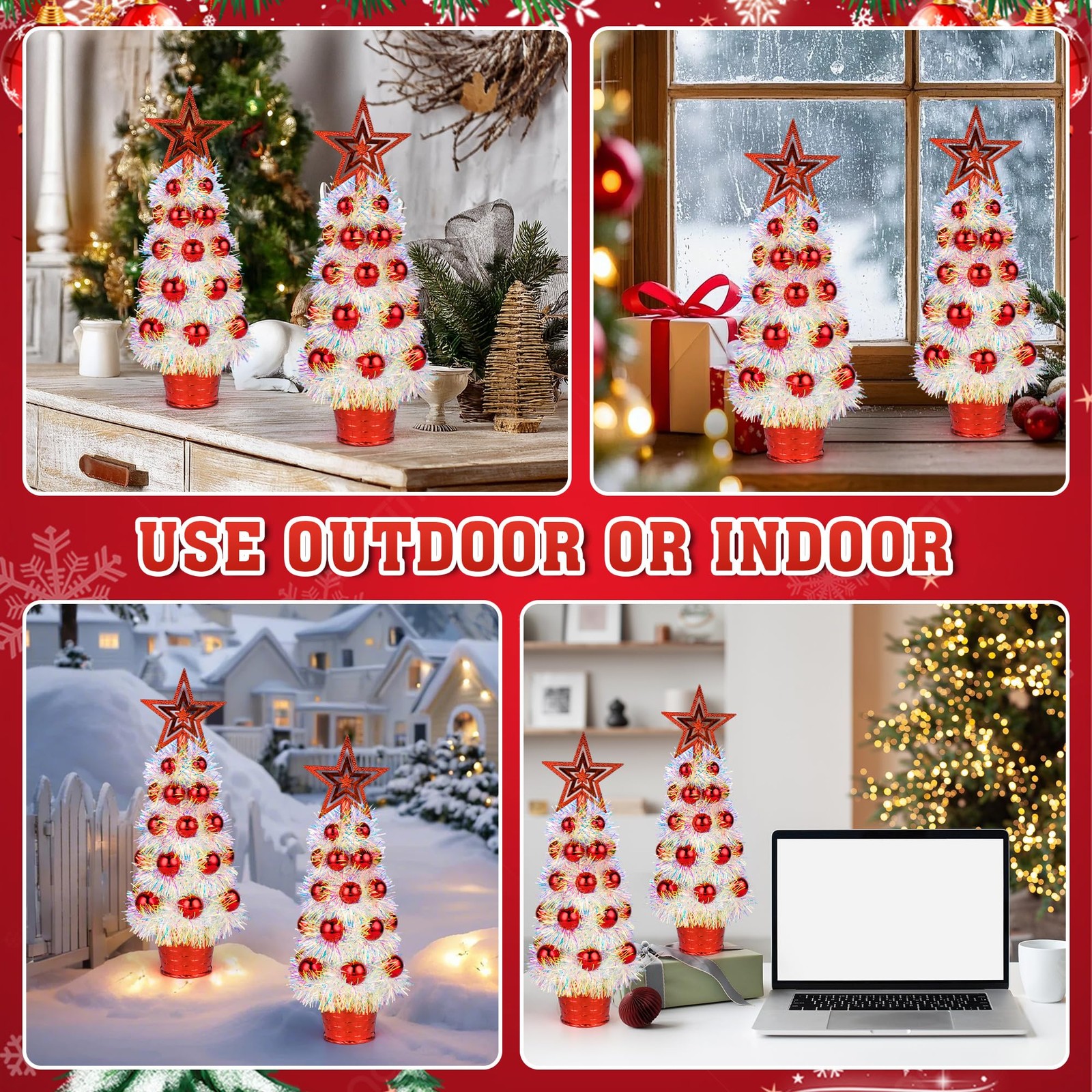 2 PCS Tabletop Christmas Trees Red Star Ornaments 14 Inch Mini White Tinsel