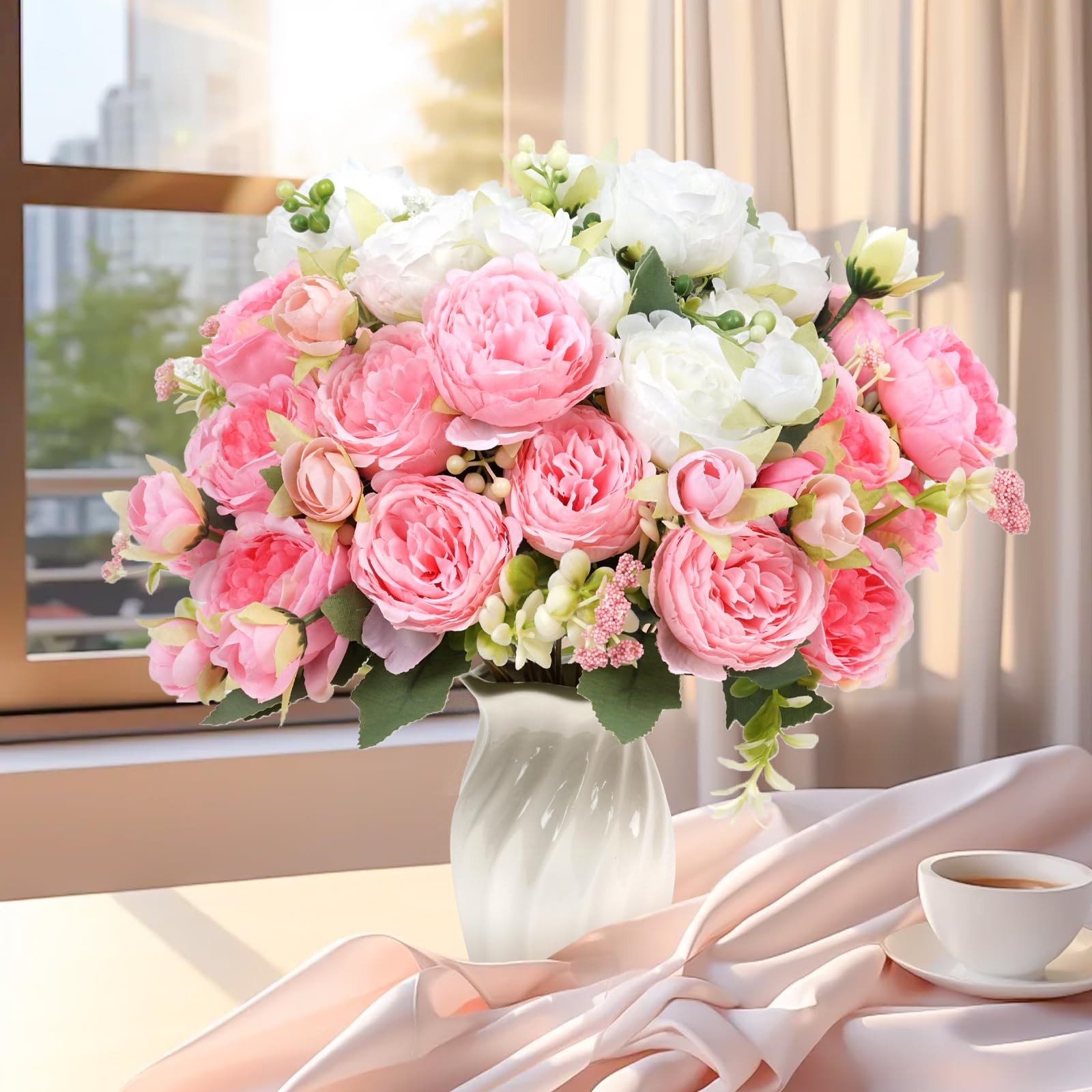 4 Bundles Peonies Artificial Silk Flowers, Pink White Fake Peony Flowers Bouq…