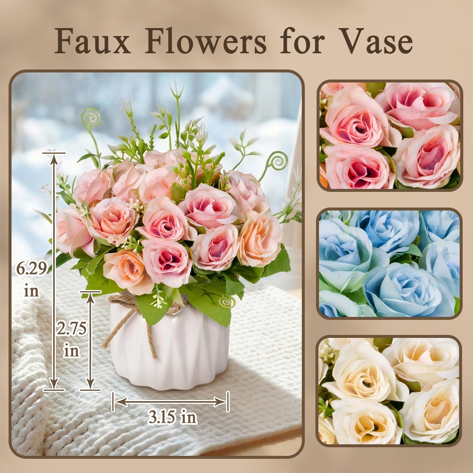Fake Flowers with Vase,Pink Roses Artificial Flowers in Vase