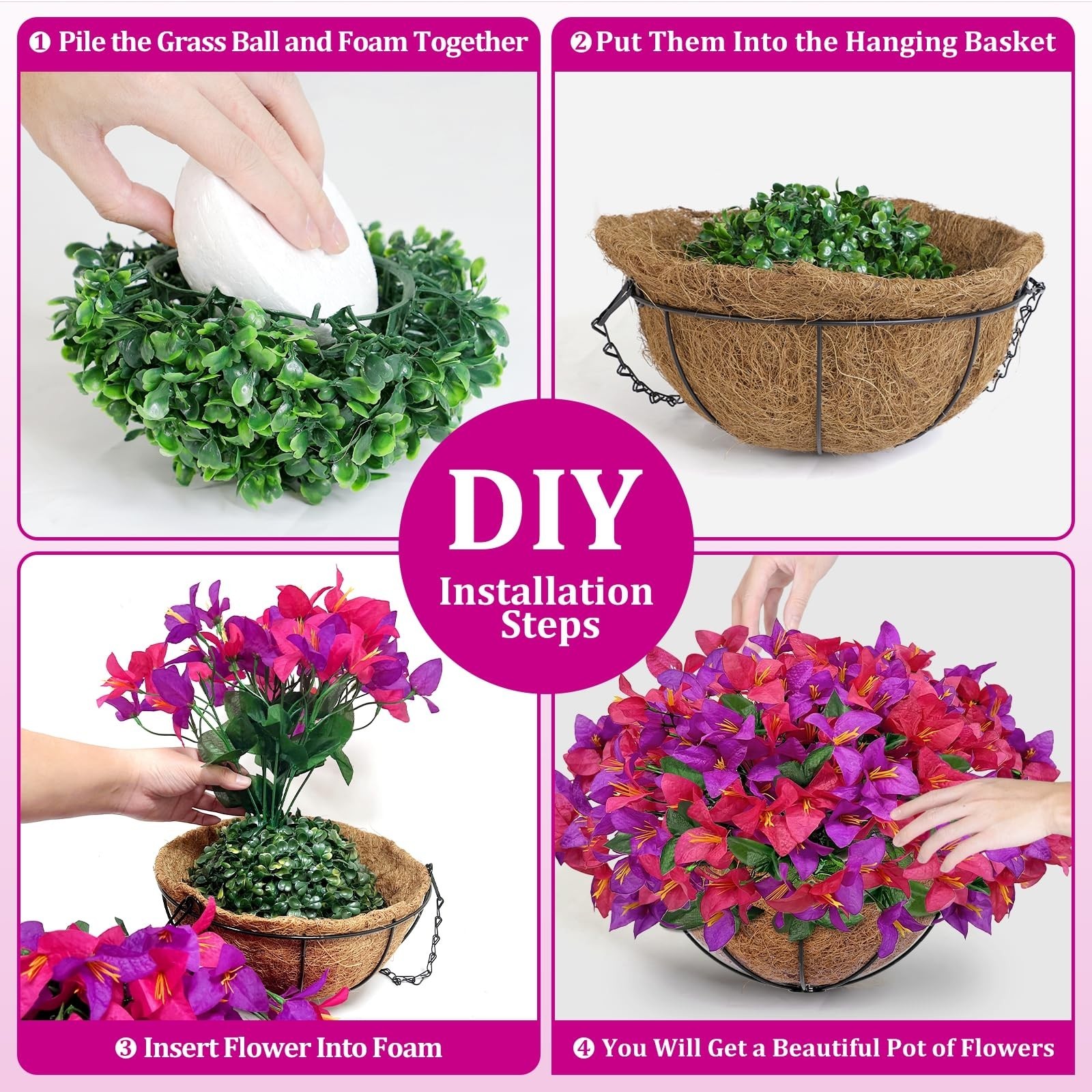 Faux Hanging Flowers for Outdoor Decor – UV Resistant Bougainvillea Planters, Re