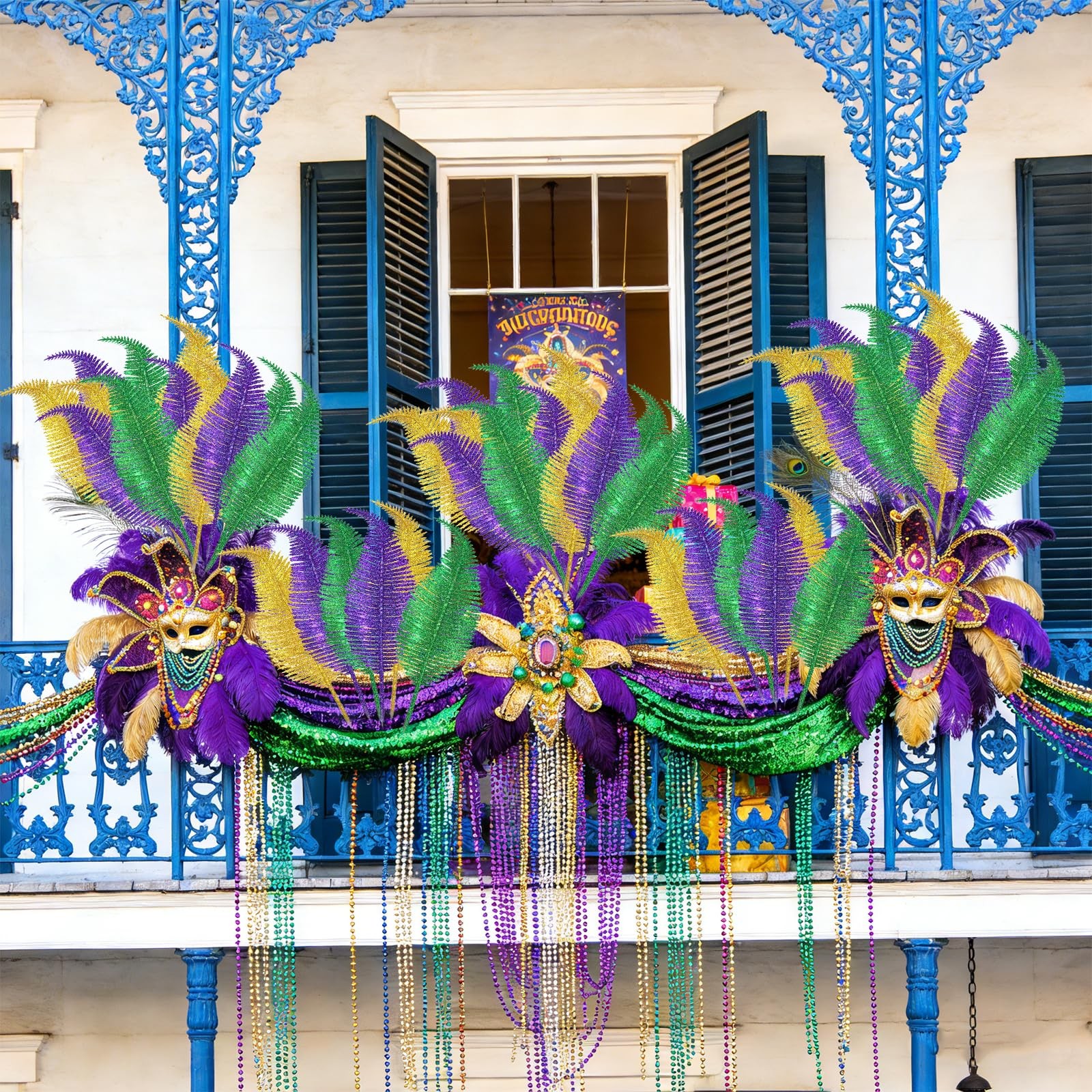 Mardi Gras Feathers Leaves Decorations Green Gold Purple Glitter Picks Bulk f…