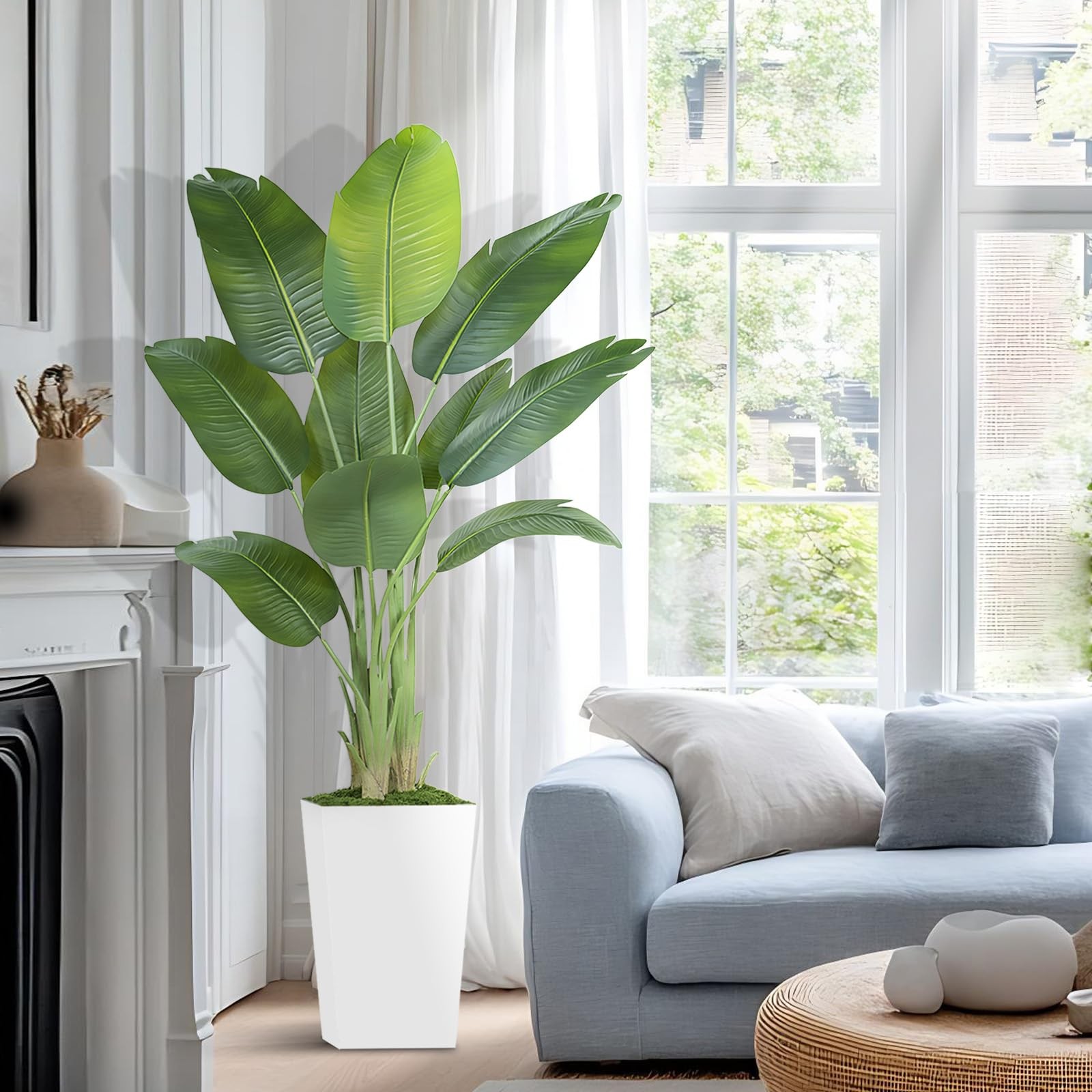 Lifelike Bird of Paradise Artificial Plant 6ft Faux Banana Leaf Tree with Whi…