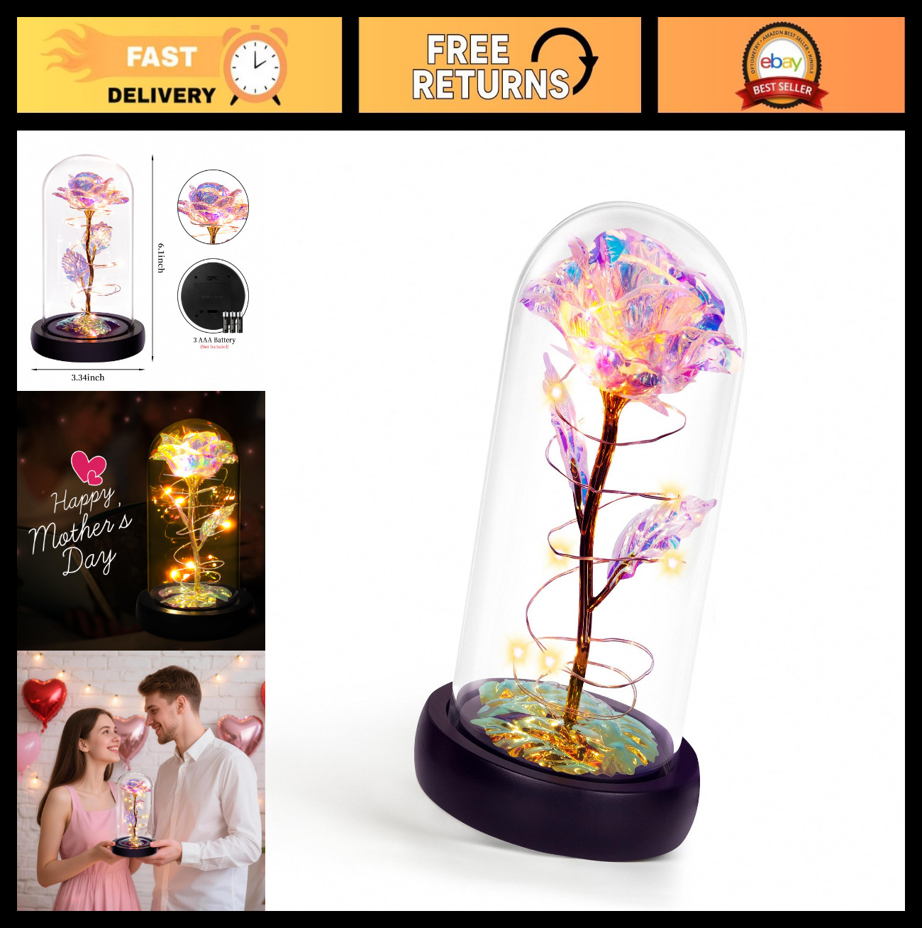 Colorful Light Up Rose in Glass Dome – Perfect Mother’s Day & Birthday Gift for