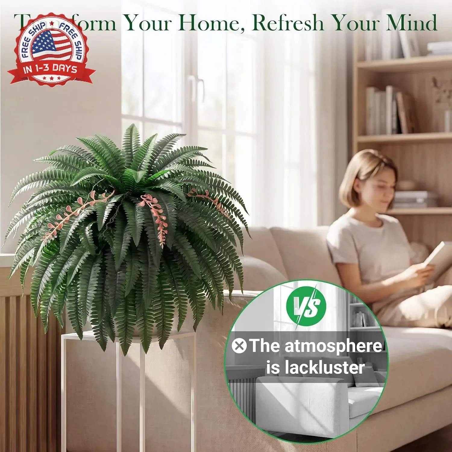 49″ Artificial Ferns for Outdoors,2 Boston Fake Ferns with 98 Pronds,UV Resistan