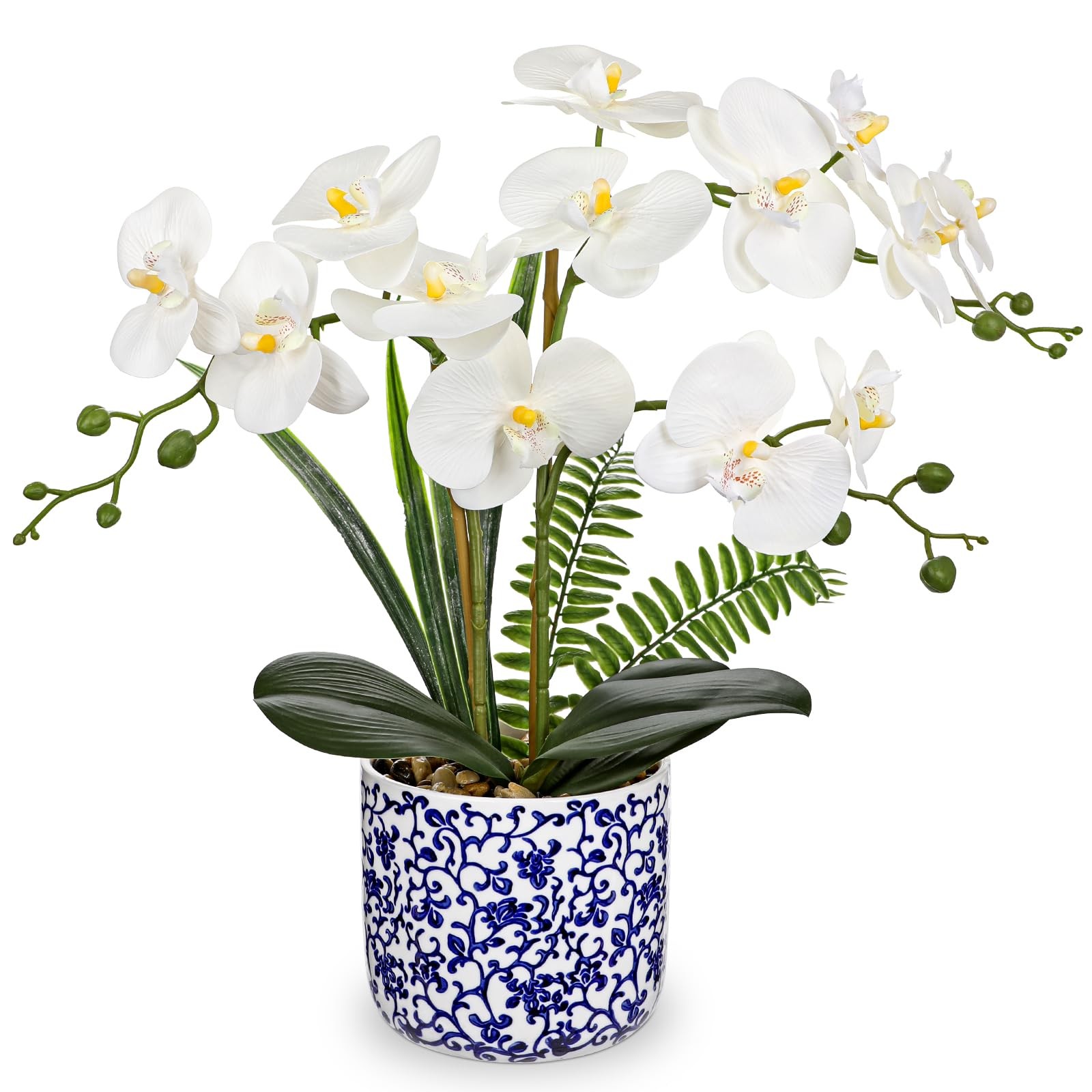 White Orchid Artificial Flowers Blue White Pot 16.9 Inch Silk Fake Plant Faux
