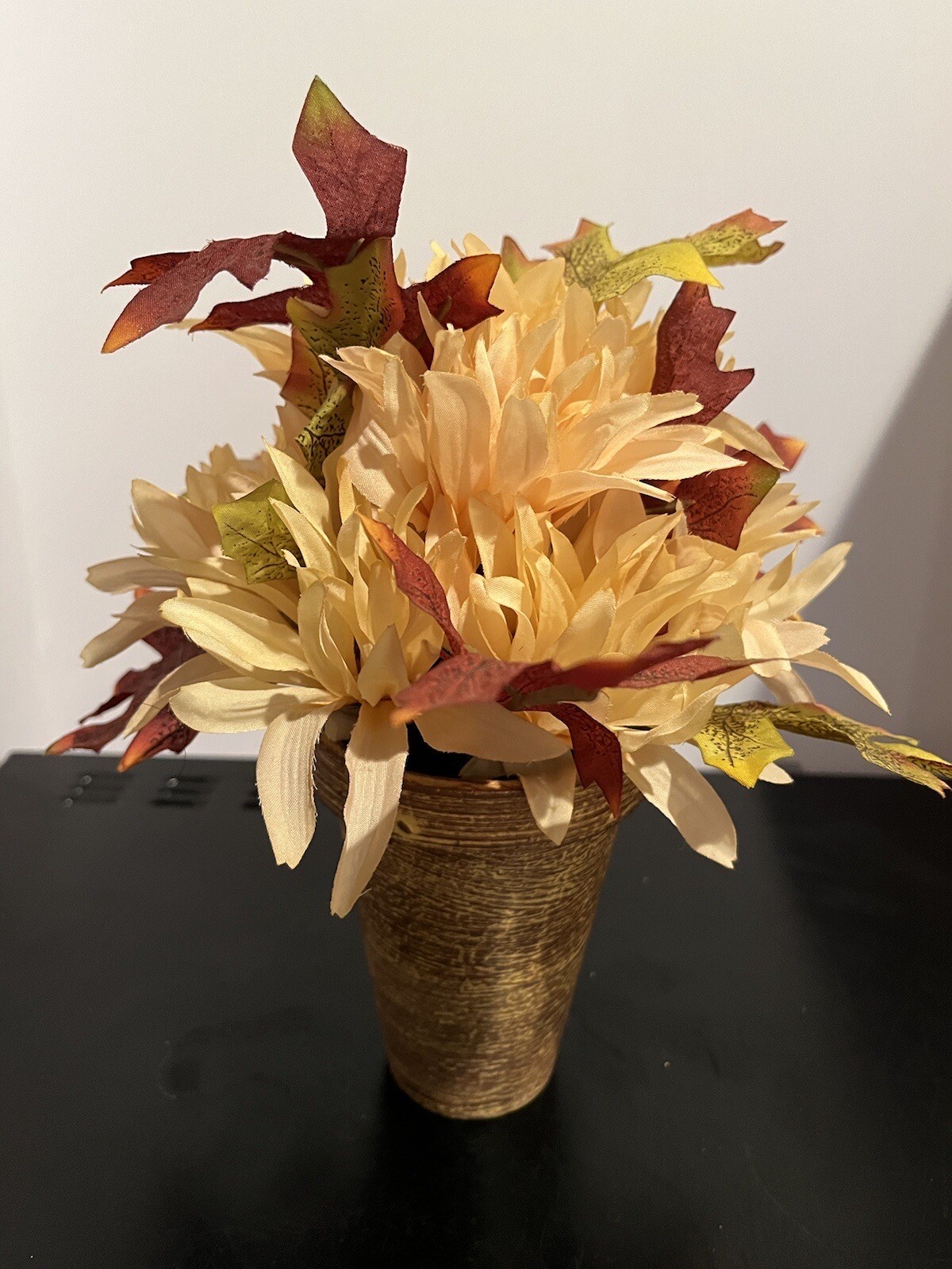 Pier 1 Fall Mums & Leaves Faux Floral Arrangement Yellow/brown Pot 9” Tall
