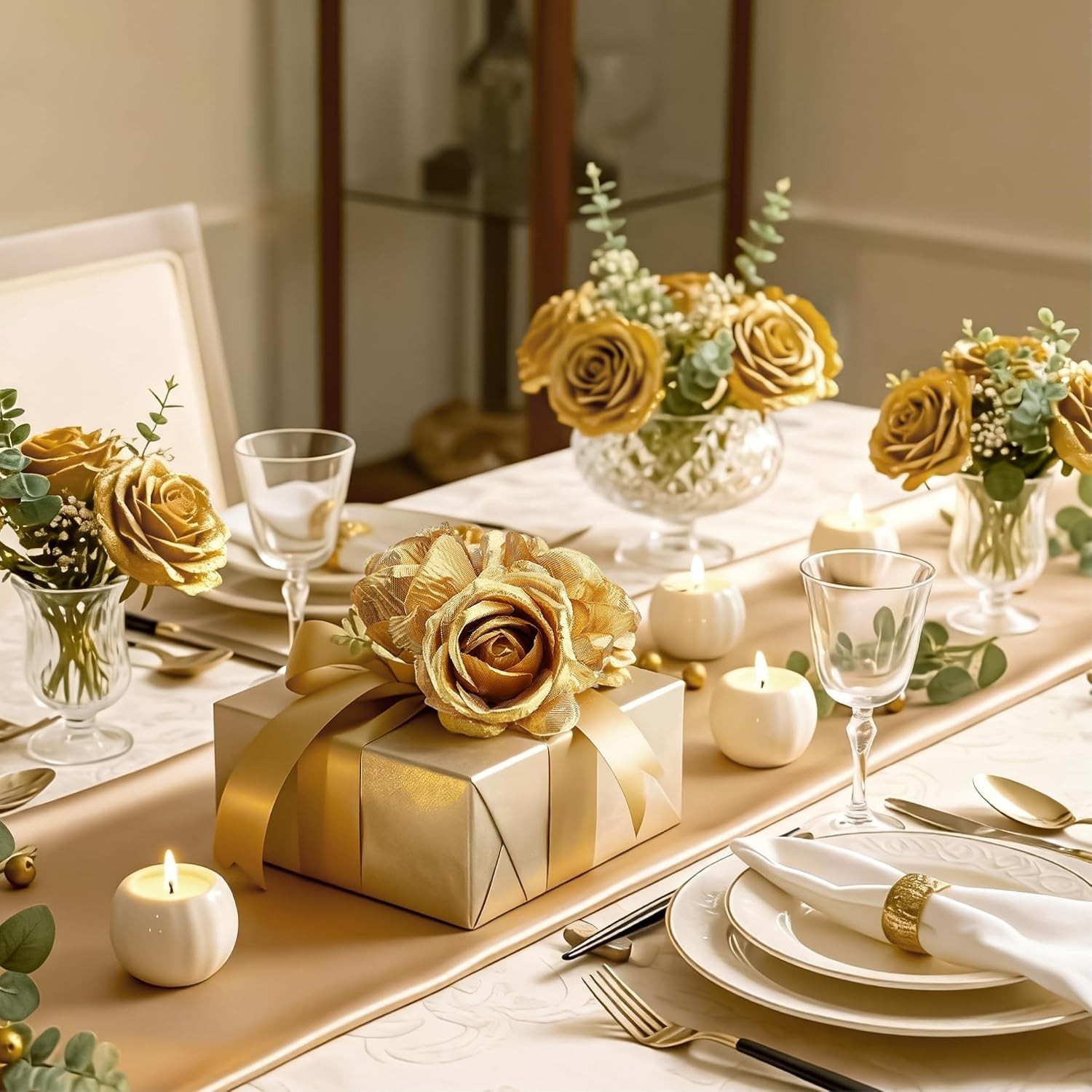 14PCS Gold Artificial Roses, Silk Rose Bouquet with Long Stems for Father’s D…