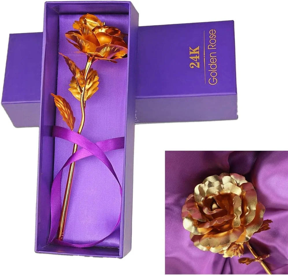 24k Gold Rose with Luxury Gift Box – 10-inch Golden Rose Metal Single Roses a…