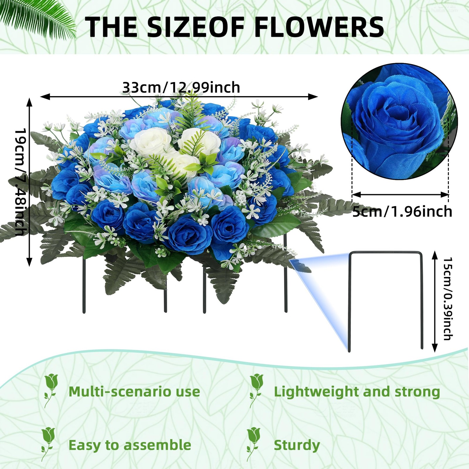Artificial Cemetery Flowers Blue Silk Memorial Rose Headstone Grave Decor