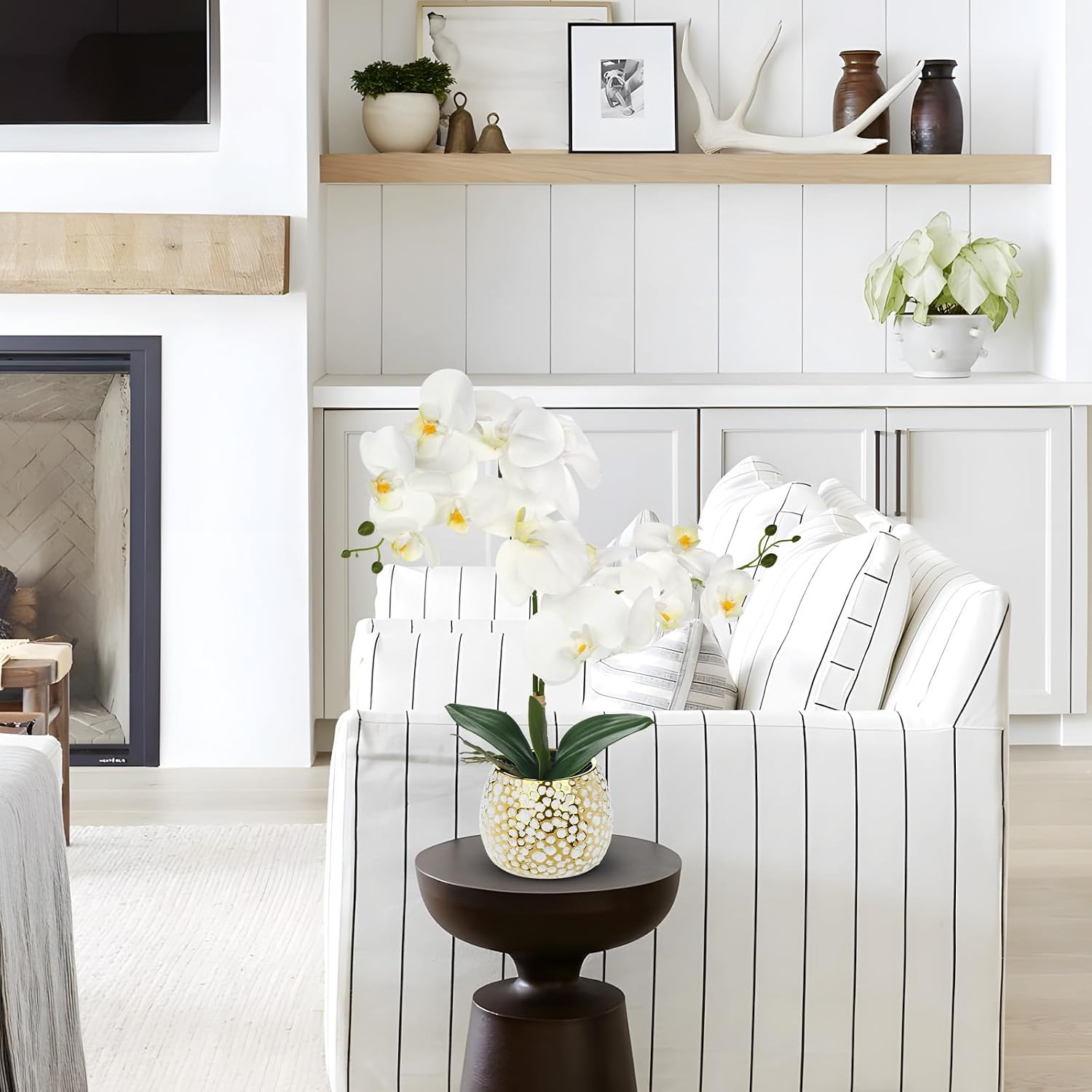 Elegant White Orchid Silk Flowers in Gold Pot for Home Décor Centerpiece