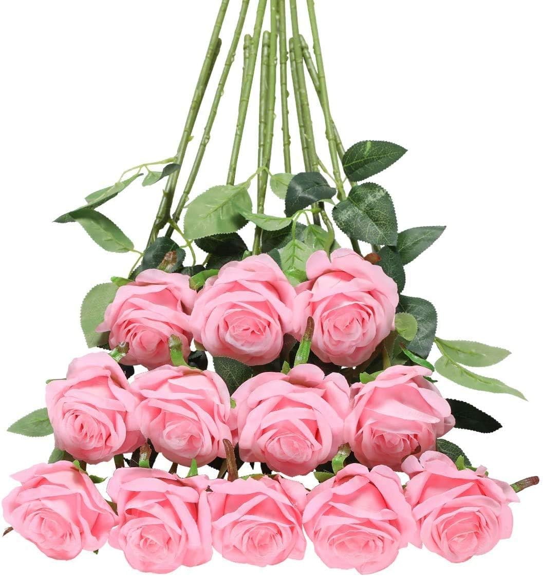 12 Pcs White Roses Long Stem, Artificial Silk Bouquet Wedding DIY
