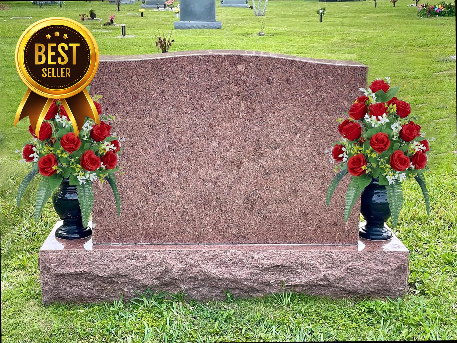 2 Sets Artificial Cemetery Flowers Grave Decorations Roses with Nail Vases Red