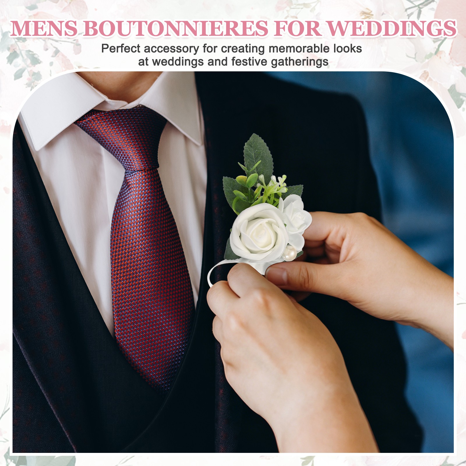 Mens Boutonnieres for Weddings, 6 Pcs Rose Boutonnieres, Navy Blue/Light Blue