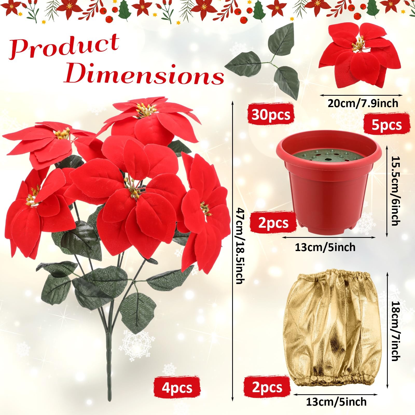 2 Sets 18.5″ Christmas Poinsettia Artificial Flowers Potted with Gold Pot Bag…