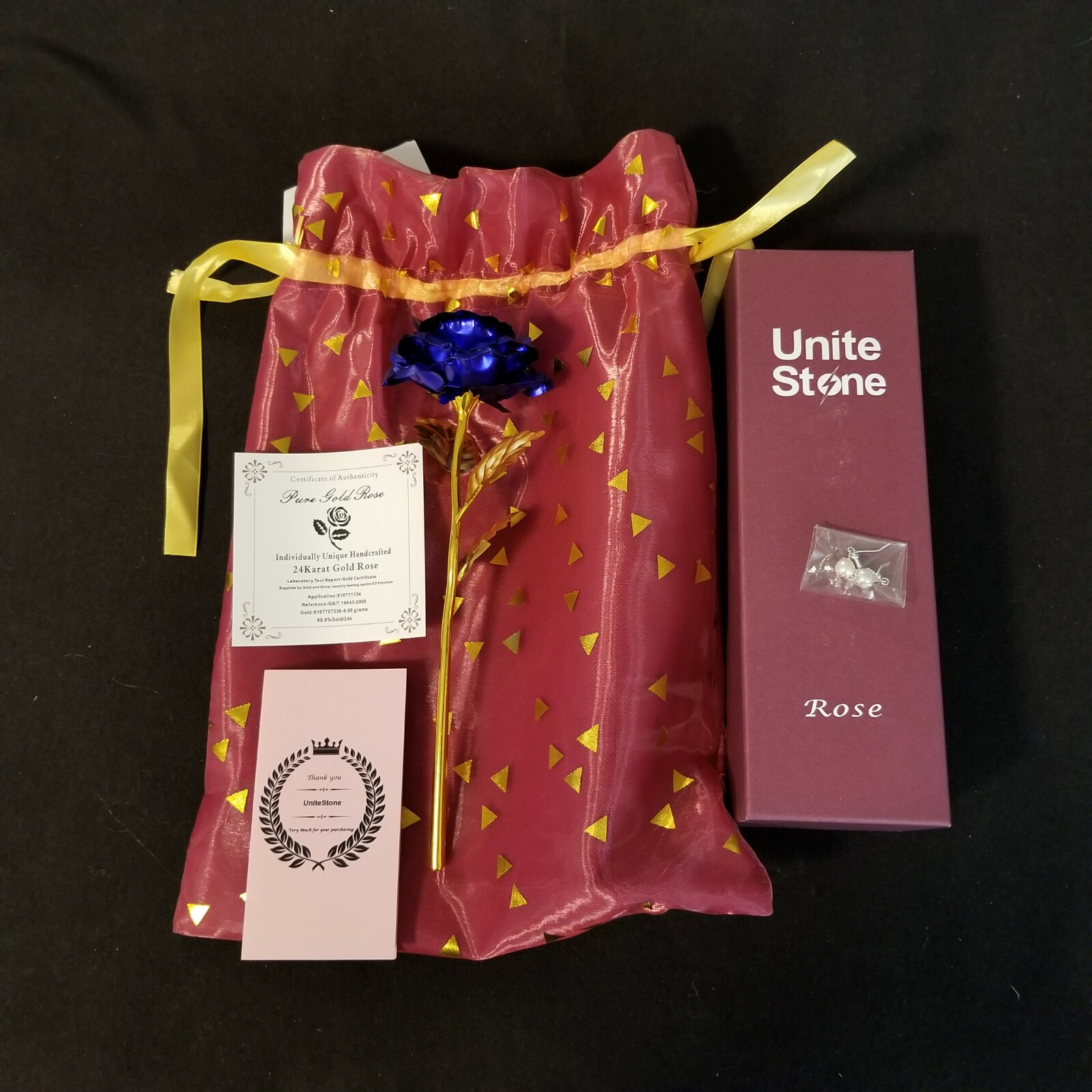Unite Stone 24 Karat Dipped Gold Rose w/ Pearl Style Earrings in Box & Bag & COA