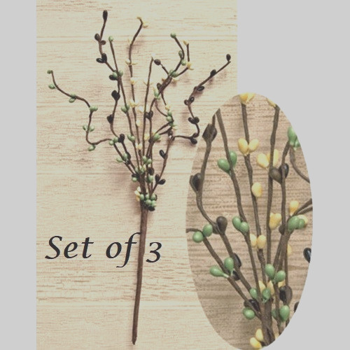 NEW PRIMITIVE Pip Berry Picks Stems 12″T BROWN GREEN BEIGE 3 pcs Crafts Cottage