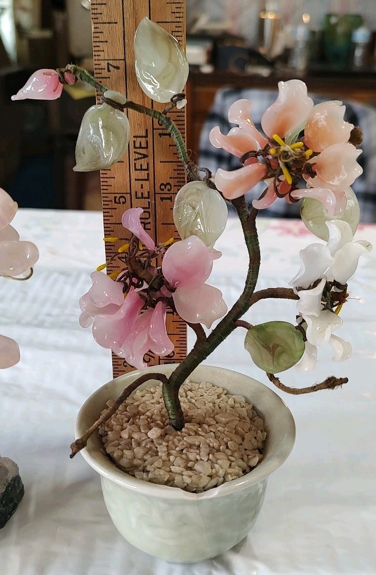 2 Vintage Glass Bonsai Tree Pink Cherry Blossom Artificial Plant Oriental