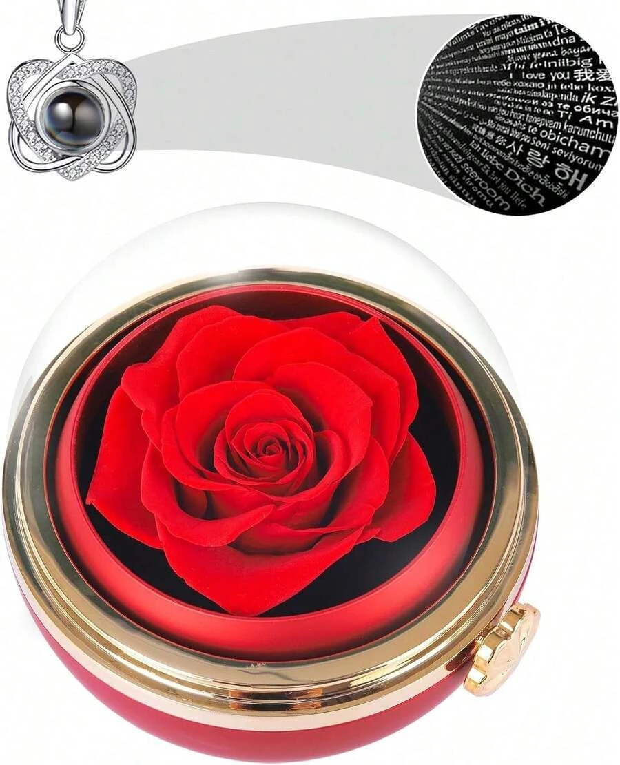 Rotating Preserved Rose Gift Box w/ “I Love You” Necklace