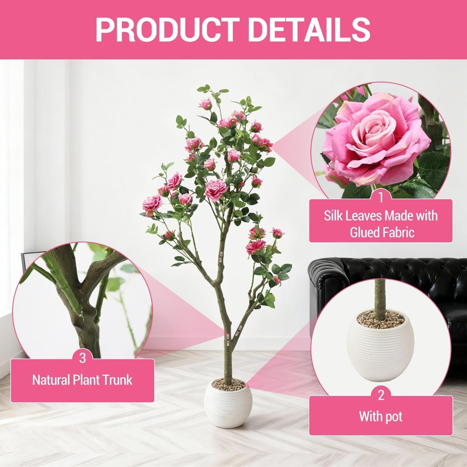 5ft Artificial Rose Tree Faux Blooming Rose Plant with White Striped Oval Pot