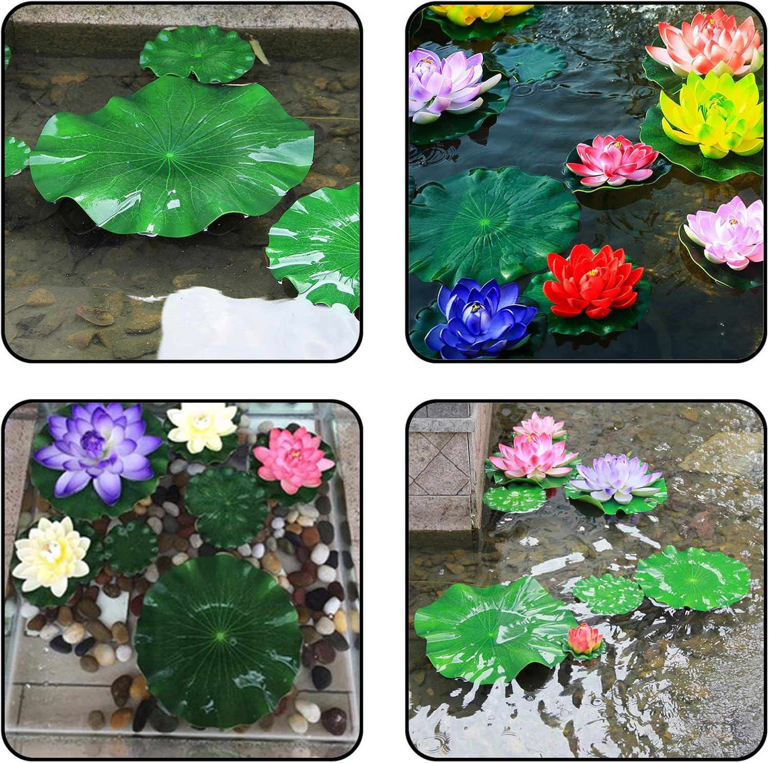 12Pcs Floating Foam Lotus Flowers with Lily Pads, Artificial Pond Plants Ornamen