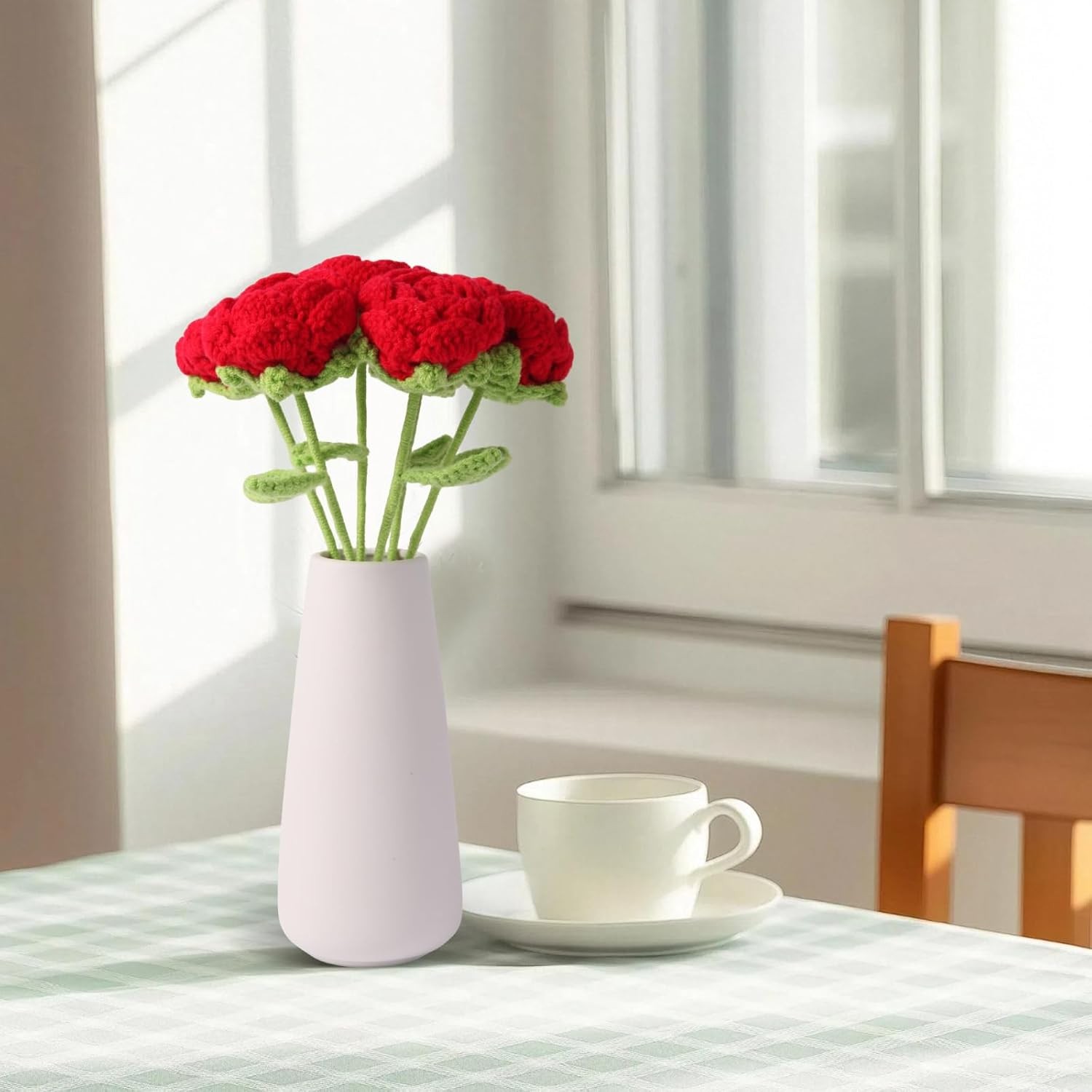 Handmade Crochet Red Rose, Knitted Bouquet Rose, Artificial Rose for Girl, Perfe
