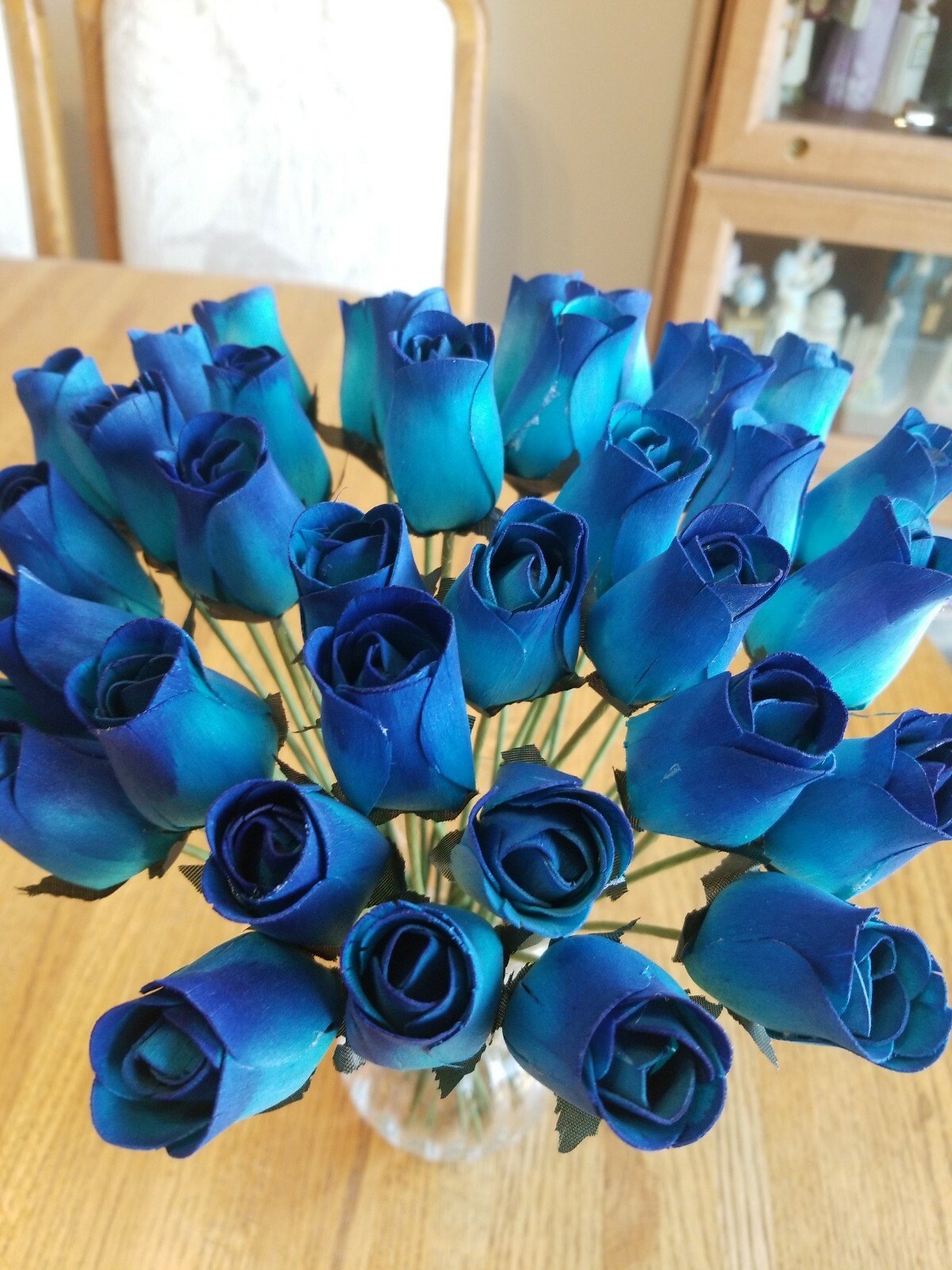 1 DOZEN – LIGHT BLUE/ BLUE WOODEN ROSE BUDS 5 X 8 ARTIFICIAL FLOWERS
