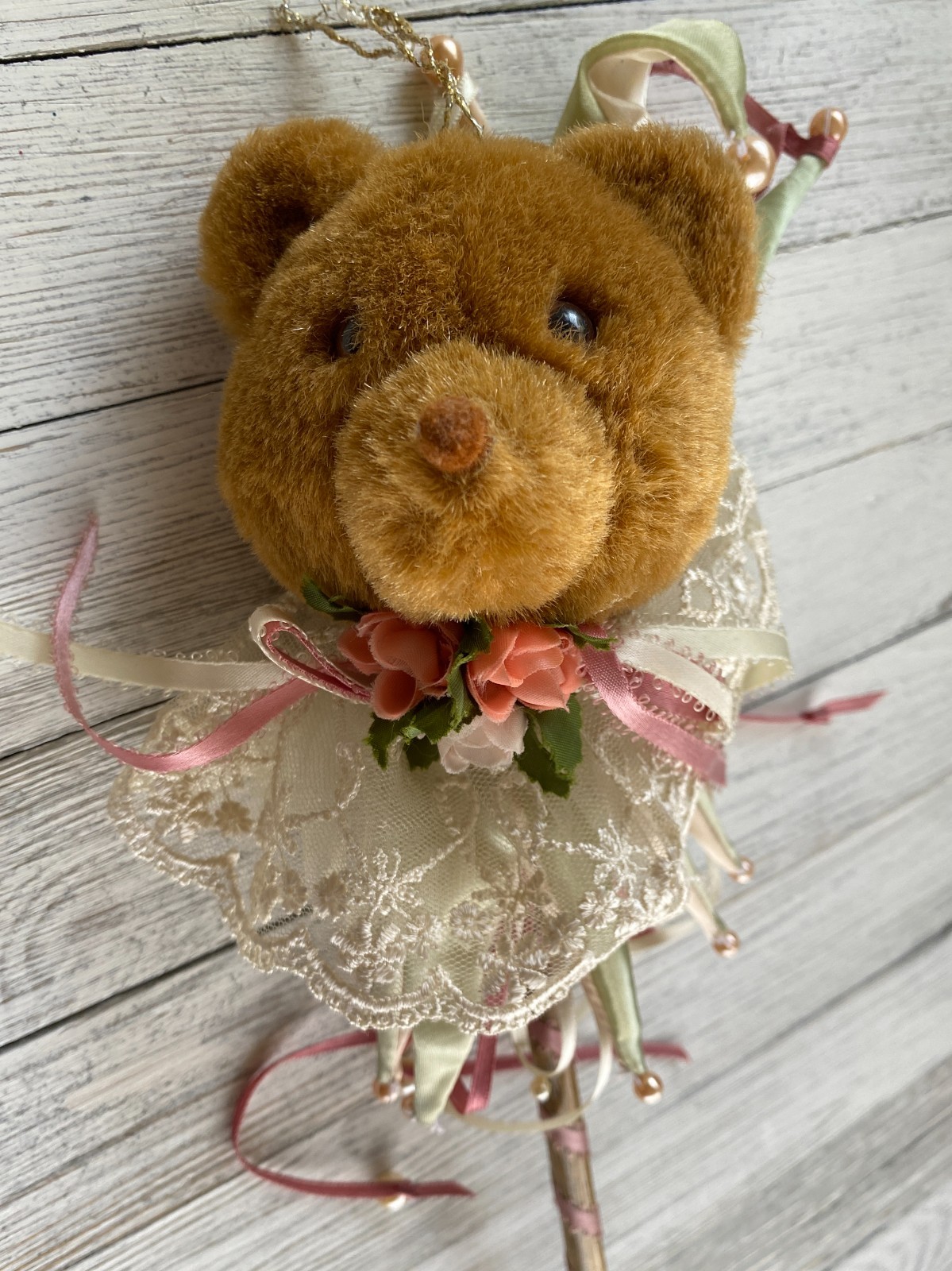 Fancy Teddy Bear with Ribbons, Lace, Flowers on a Stick ~ Unique Wall Decor