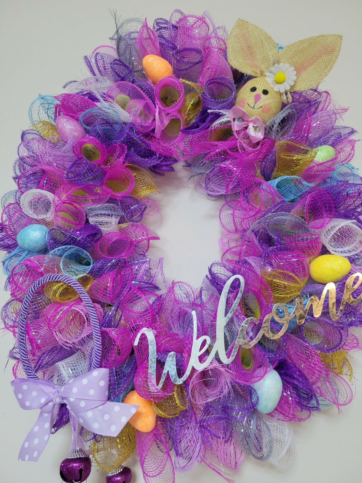 Welcome EASTER egg basket blue yellow purple pink SPRING Wreath Deco Mesh Door