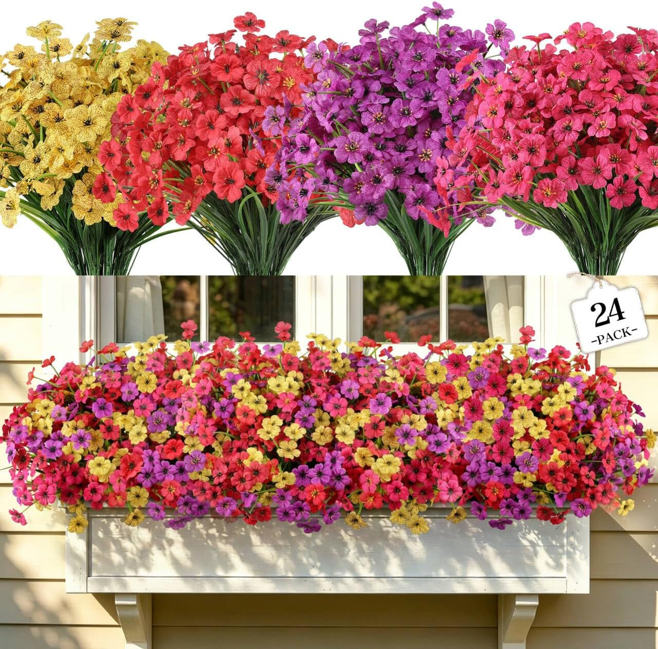 24 Bundles Artificial Flowers for Outdoors Decor, Faux Mums Plants Fake Silk Dai