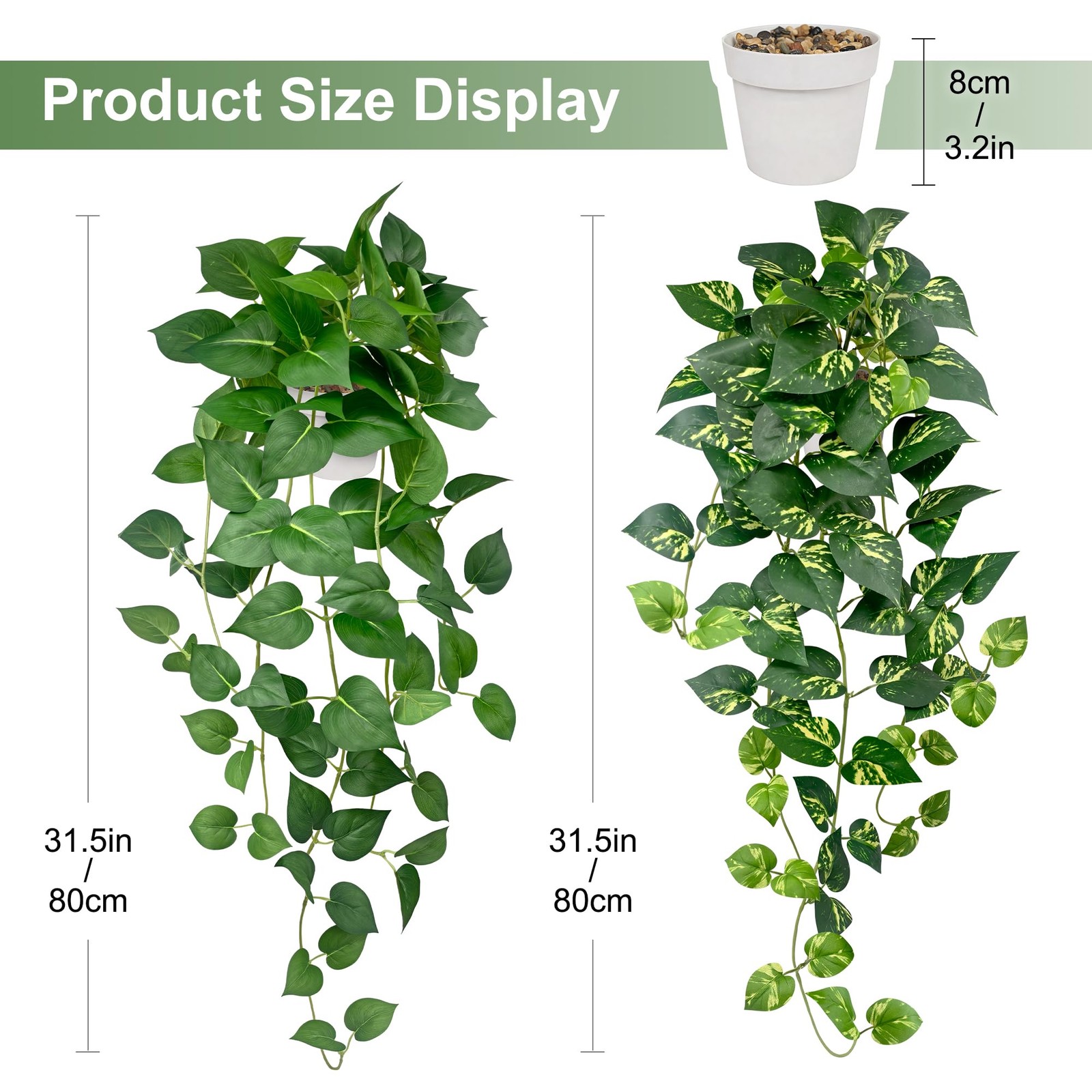 Artificial Hanging Plants 23.6” Long with White Pots – 2 Pack Faux Pothos Decor