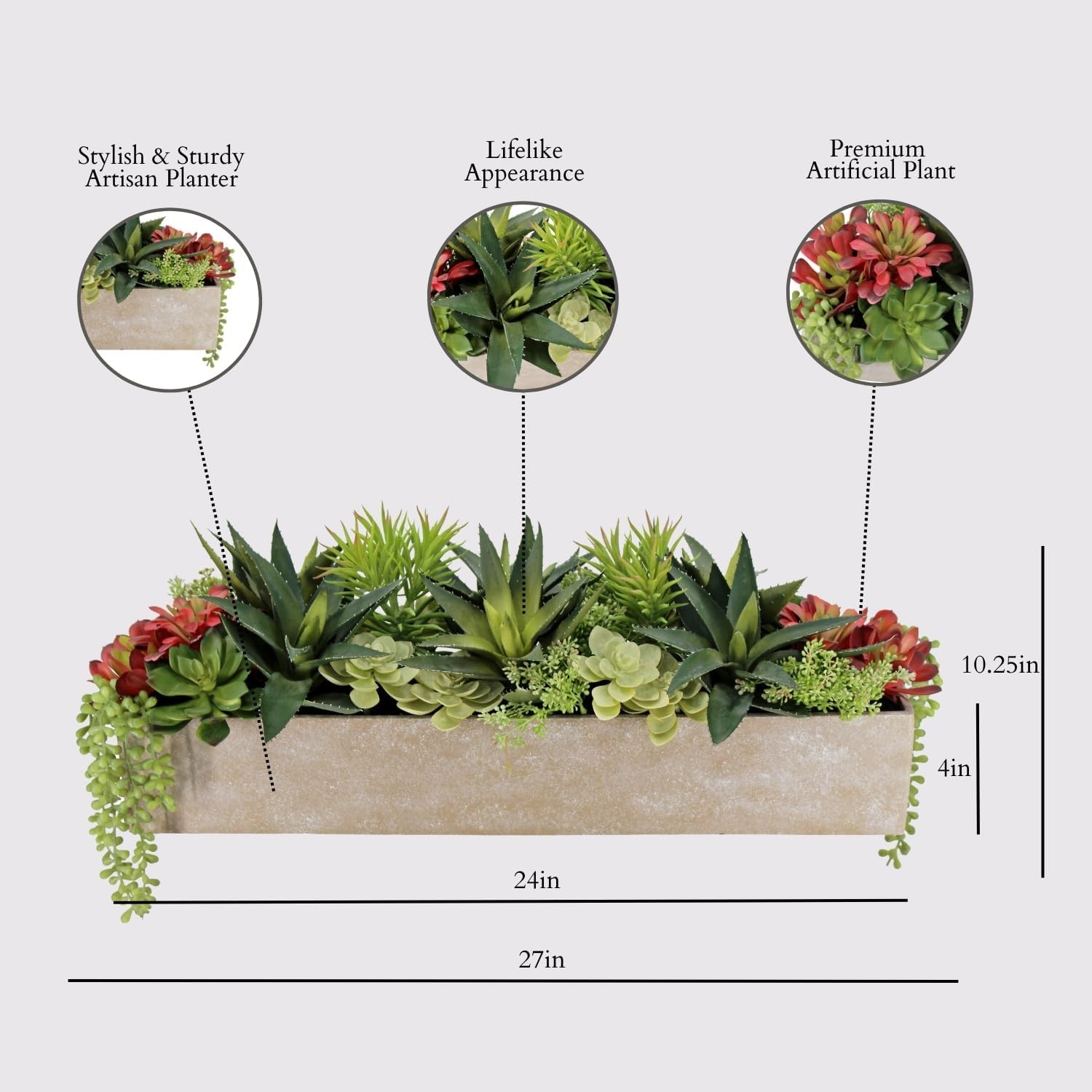Oblong Faux Succulent Arrangement, 27″ Premium Artificial Indoor Plant, Khaki