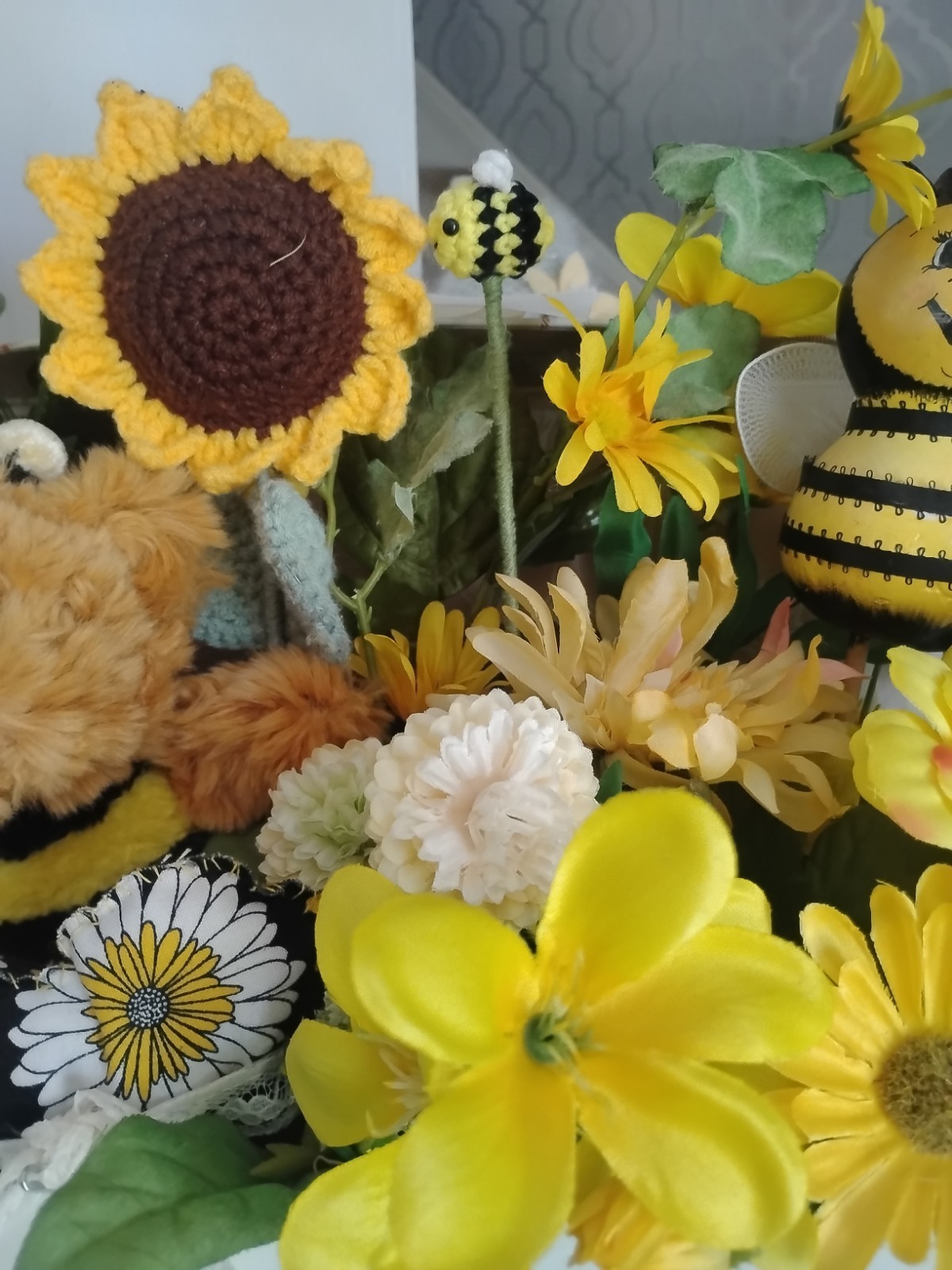 Handmade Sunflower & Bee Centerpiece In A Decorative Box With Floral And Greens,