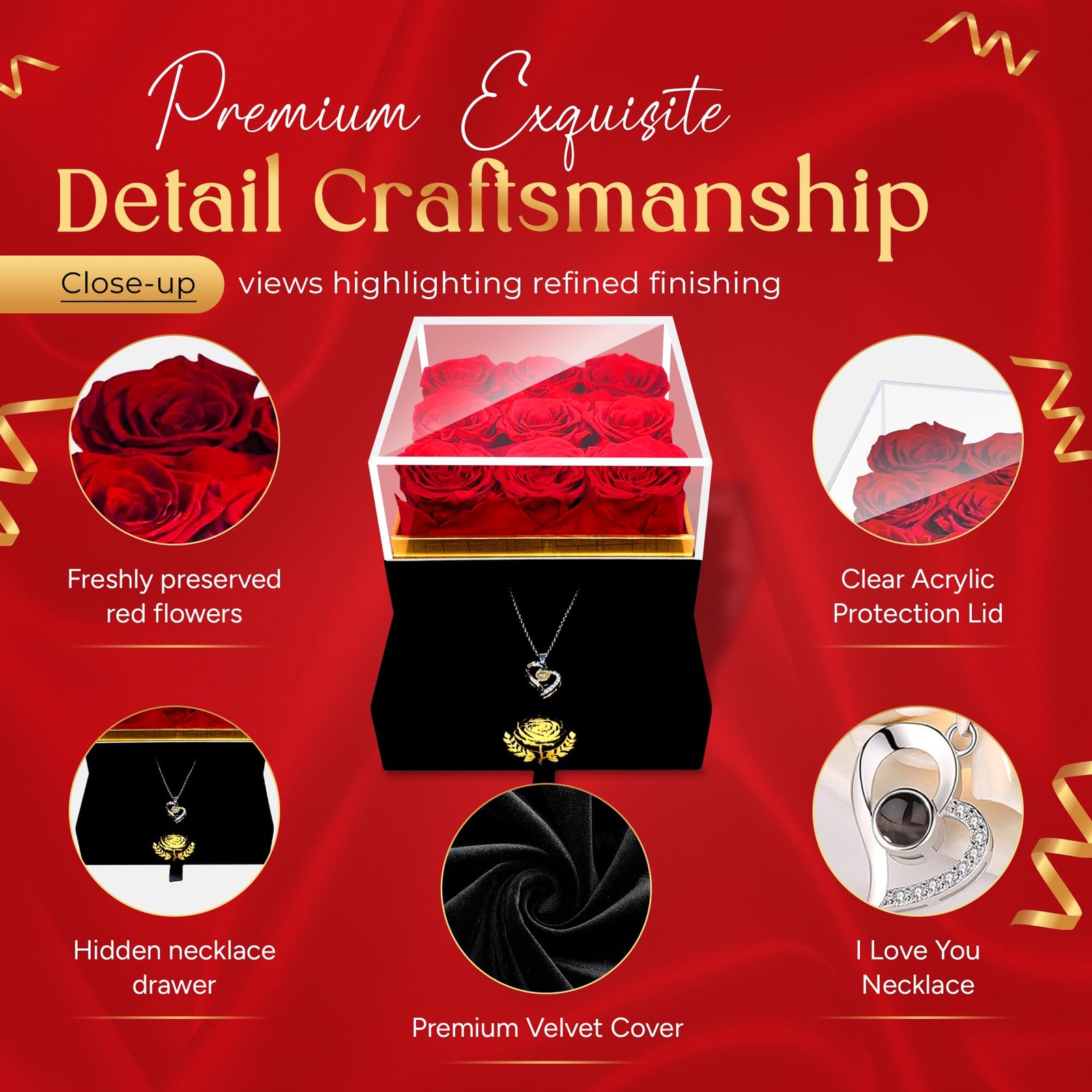 Eterno Bel Fiore Luxury Preserved Roses – I Love You Necklace – Velvet Box wi…