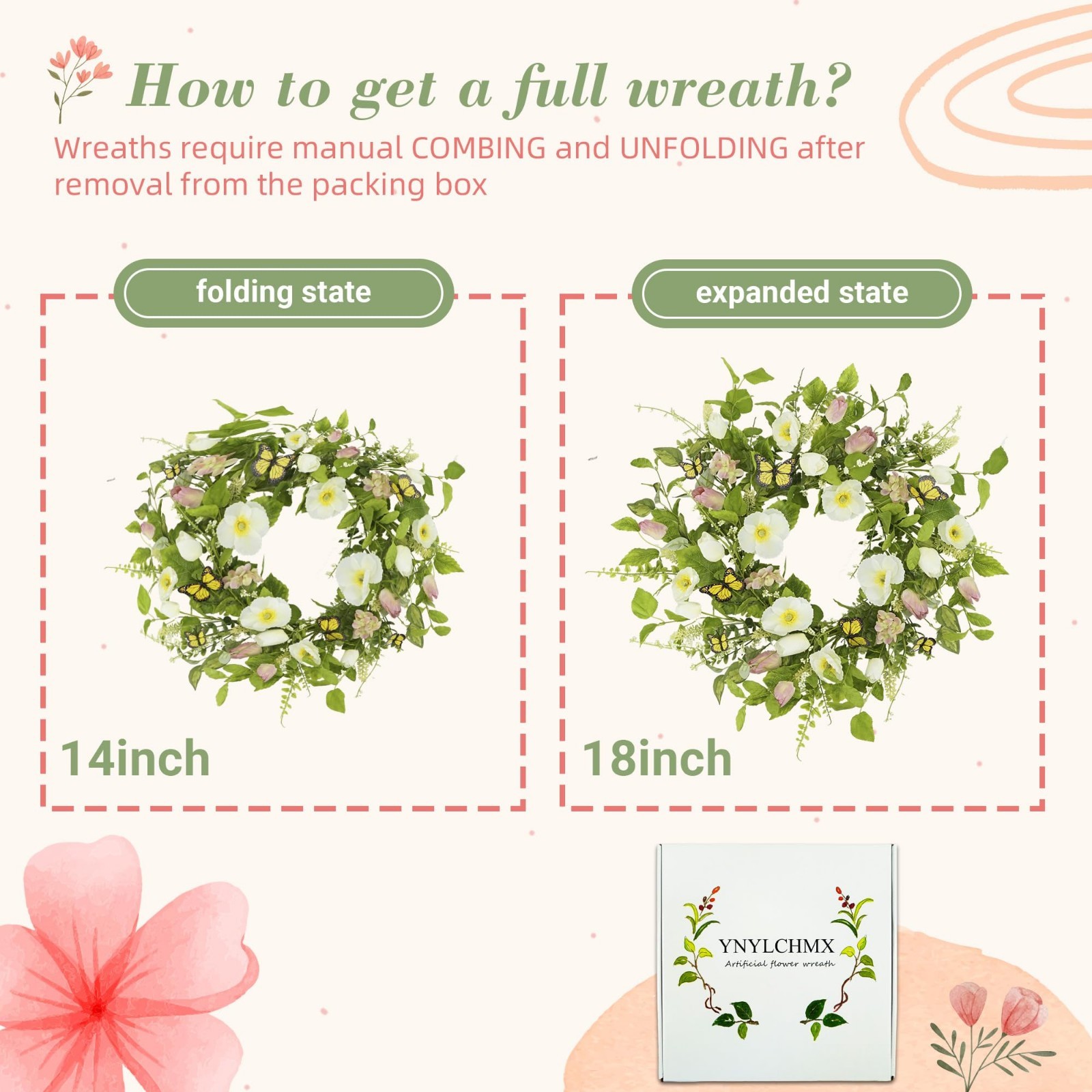 18″ Floral Wreath with Eucalyptus & Butterflies – Spring Summer Door Decor, Gree