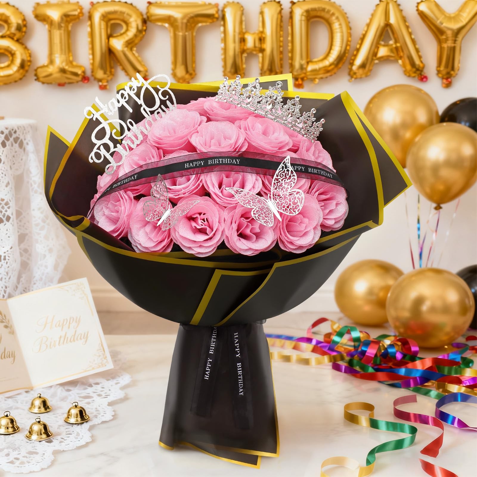 Glitter Roses Bouquet 24 Pink DIY Gift for Women Mom – Birthday Decor