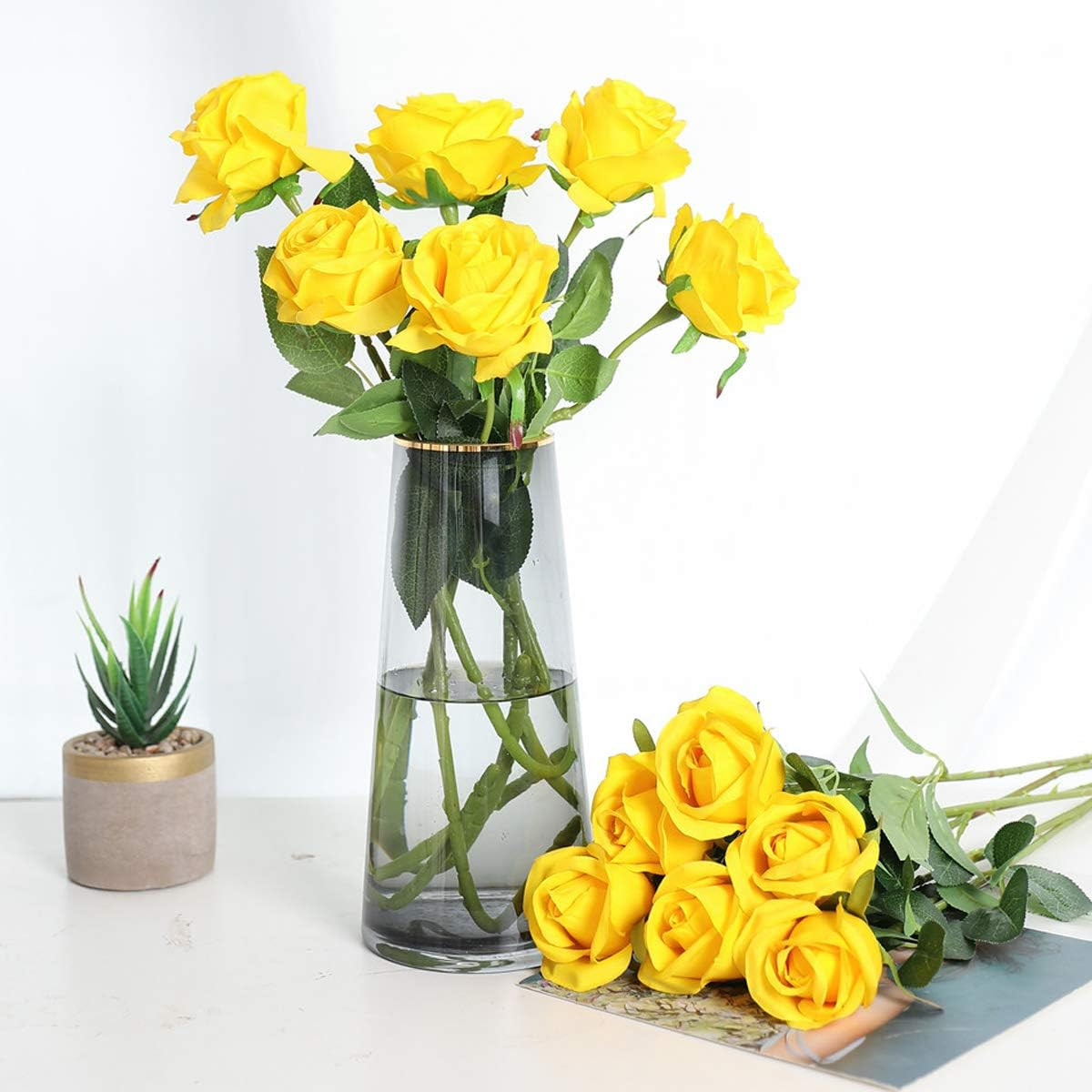 12PCS Artificial Silk Flowers Realistic Roses Bouquet Long Stem for Home Wedding