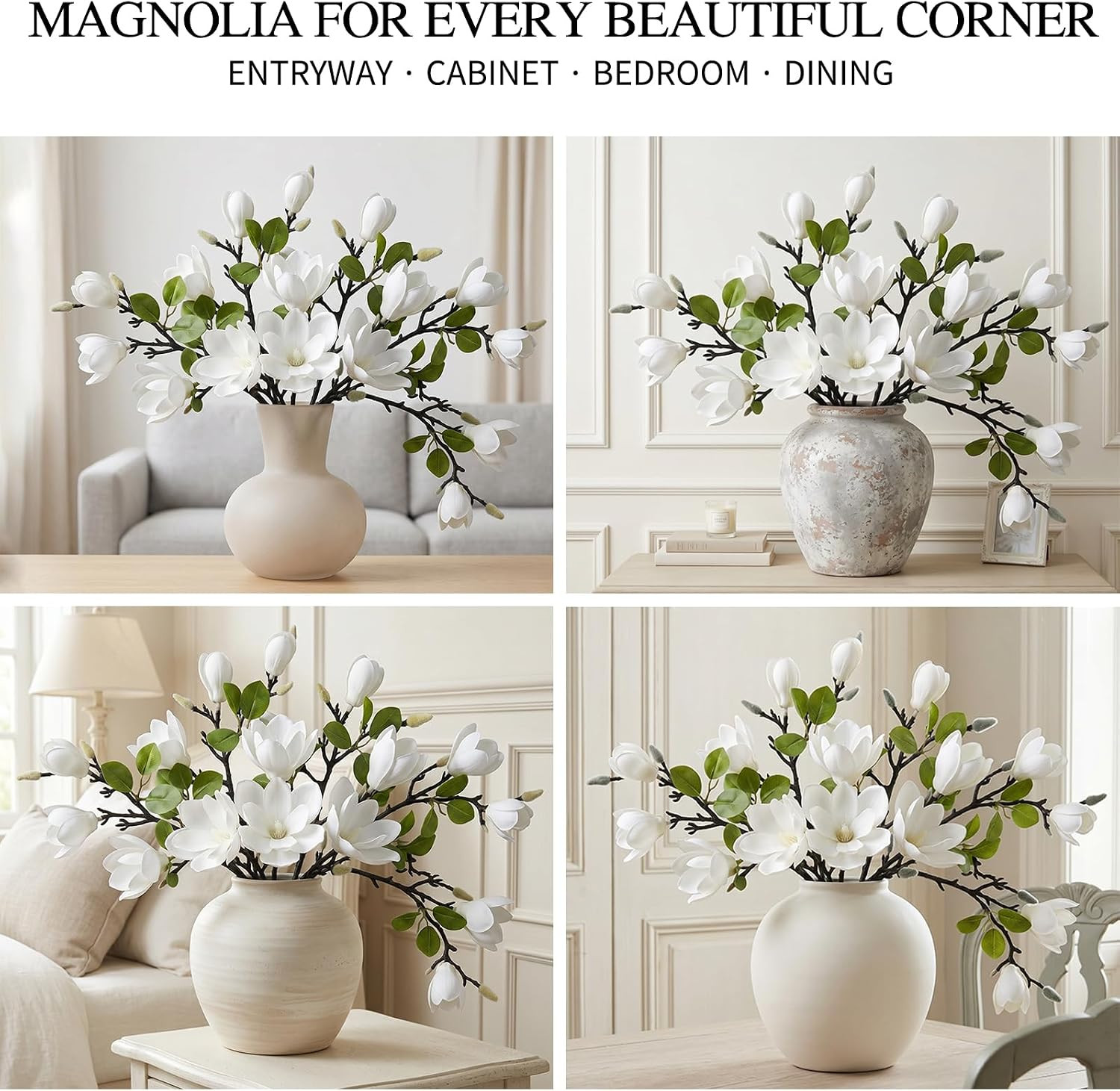Set of 4 Artificial Magnolia Flowers, 25 Inch White Fake Flowers Branches | Real