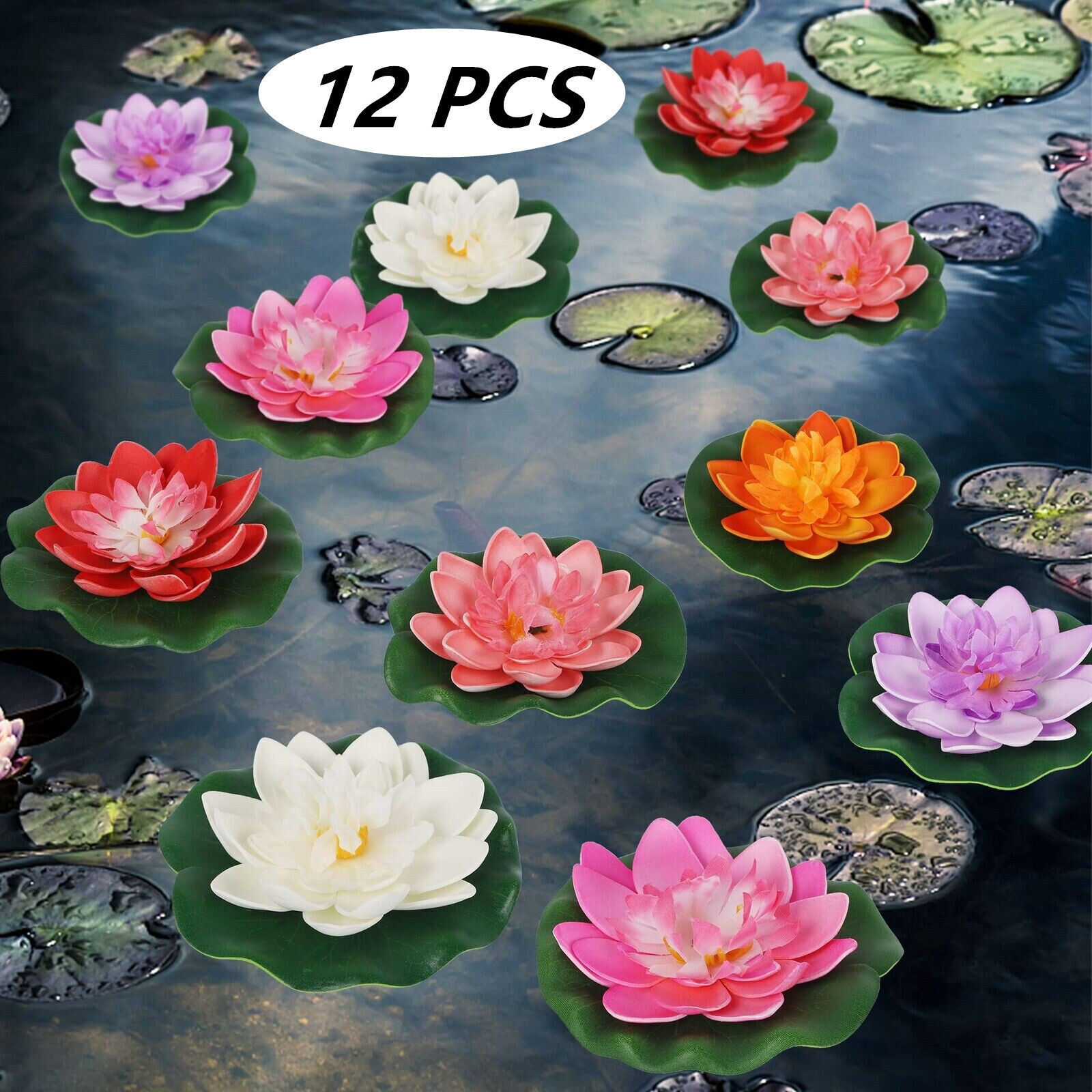 12Pcs 4inch Floating Foam Lotus Flowers Artificial Pond Plants with Lily Pads US