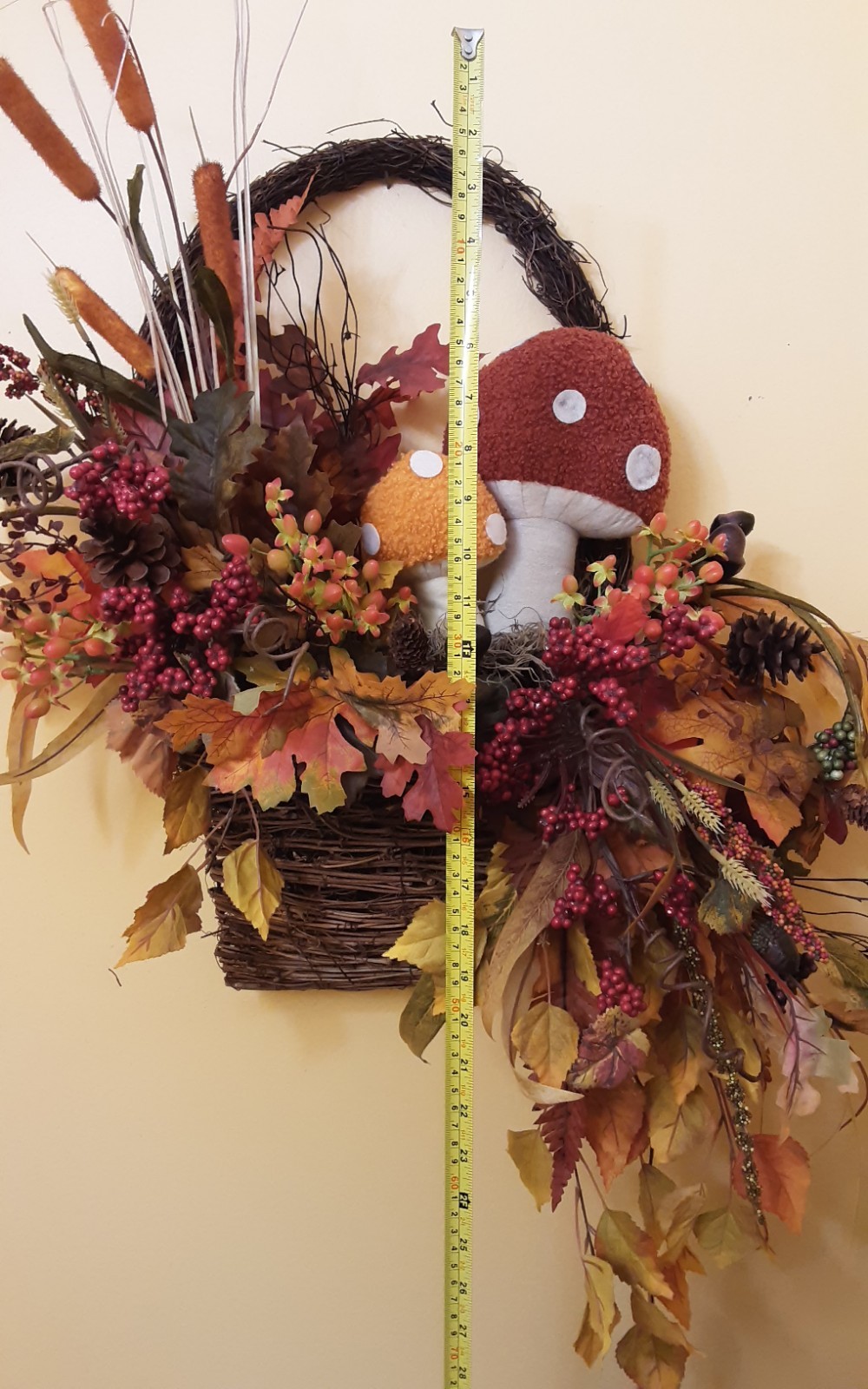 Fall Door Decor Autumn Mushroom Basket Woodsy Wreath Wall Hanging Thanksgiving