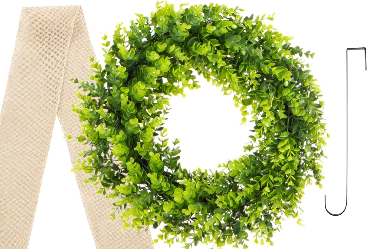 20″ Artificial Boxwood Wreath with Burlap Ribbon – UV-Resistant Weatherproof