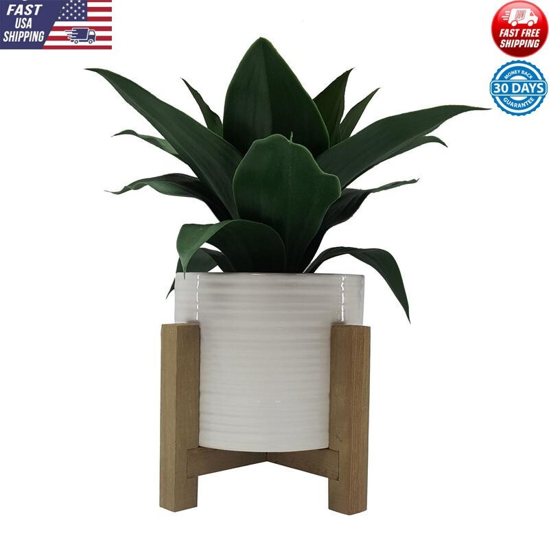 10 Inch Artificial Agave Plant White Ceramic Pot Wood Stand Indoor Decor New