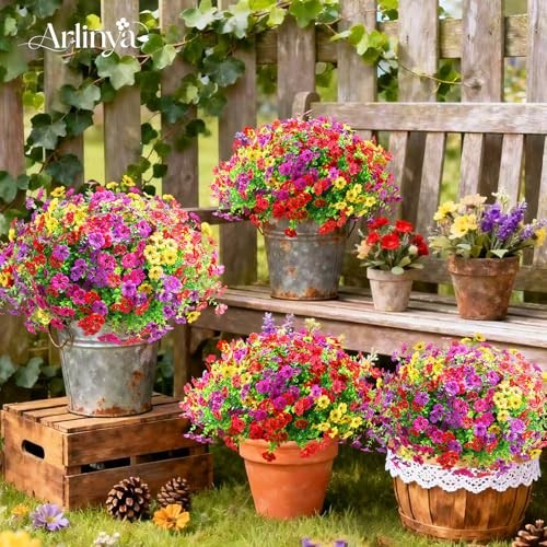 Artificial Flowers for Outdoors, Fake Faux Plants 12 Purple Red Yellow Hot Pink