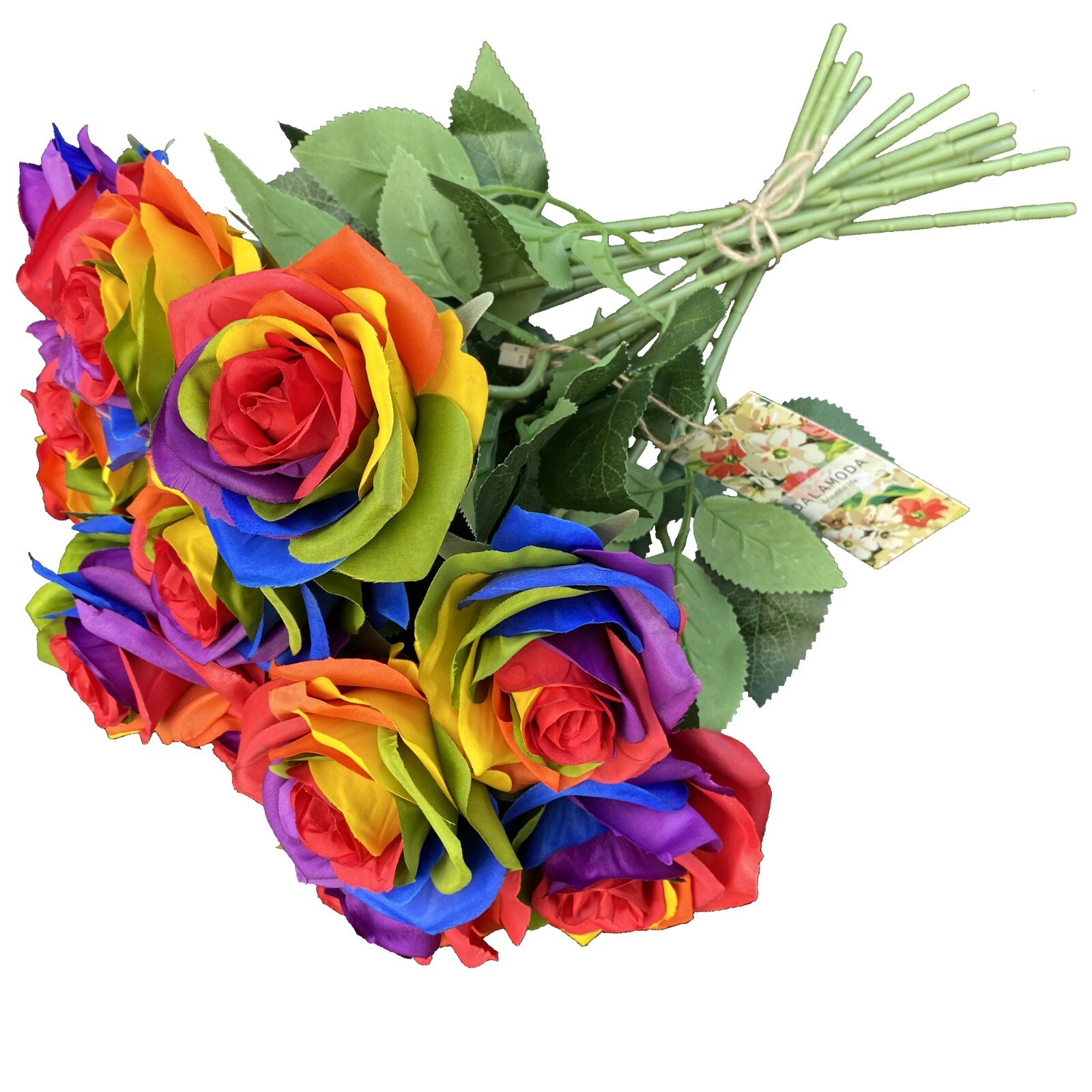 8pcs Artificial Silk Rainbow Rose Flowers DIY Floral Arrangment -Red center