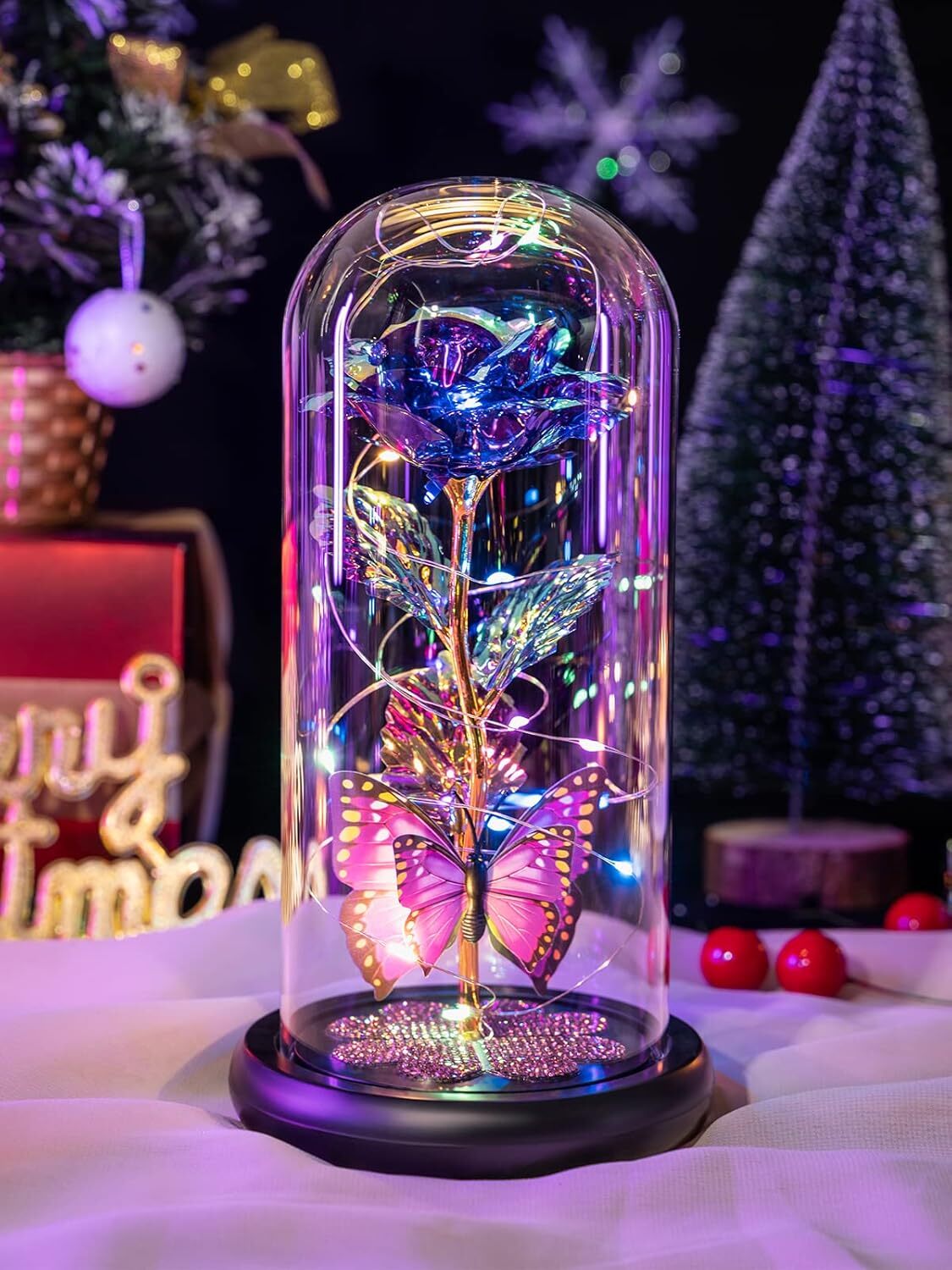 Purple Glass Rose With Led Light And Butterfly Gift For Women Anytime