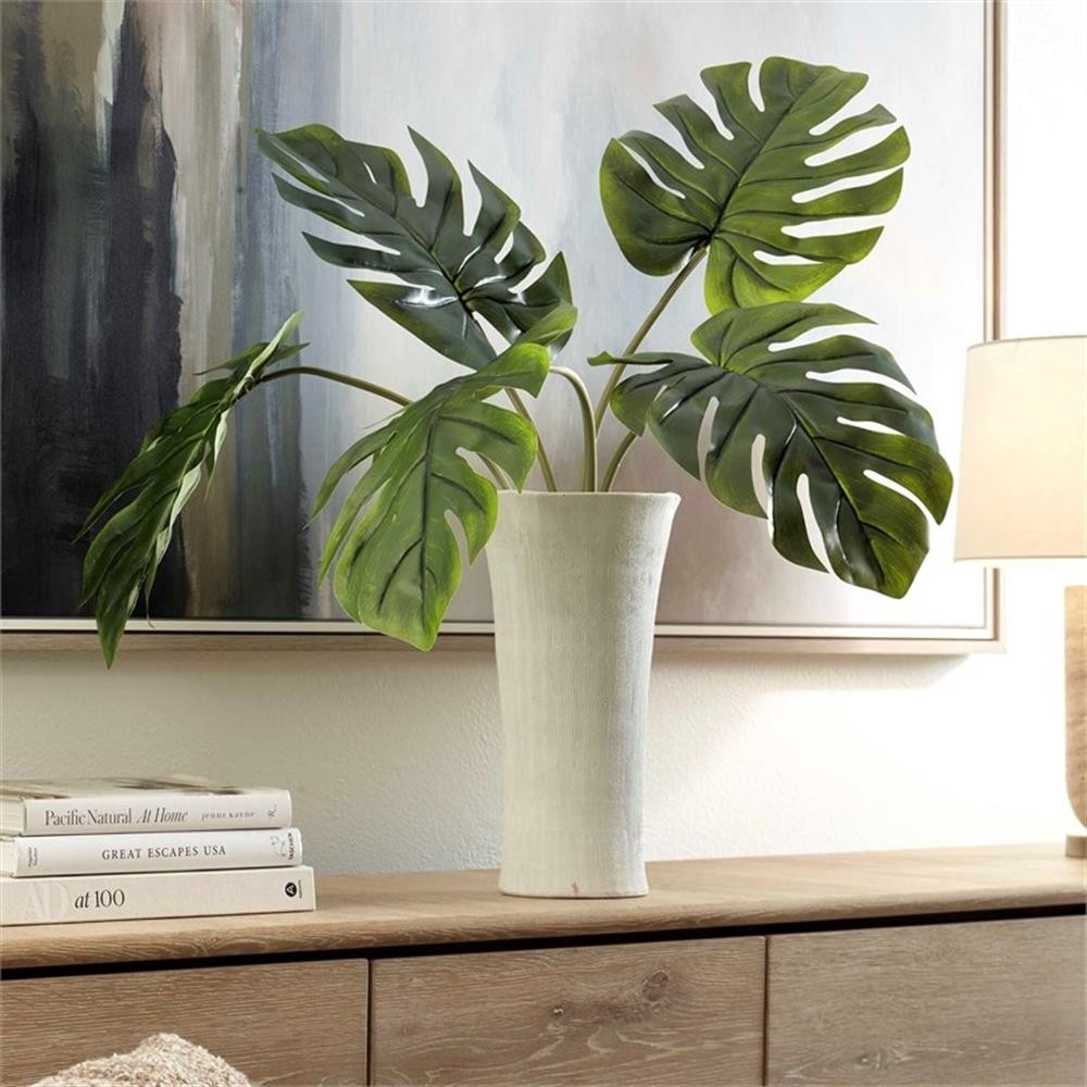 Pemberly Row Lifelike Monstera Plant Centerpiece with White Ceramic Vase