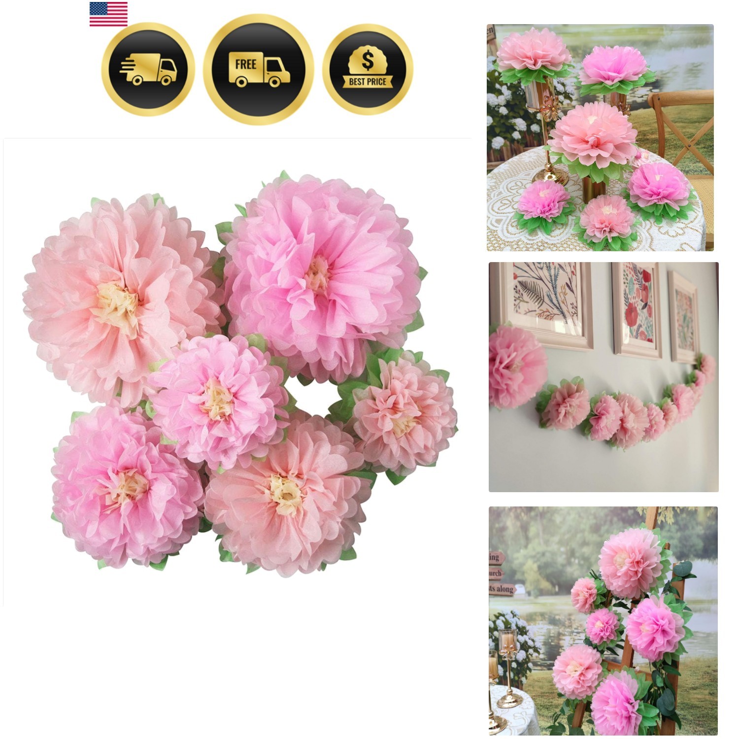 Pinks Flowers Decoration 11”-7” Assorted 6 pcs Artificial Tissue Paper Peon…