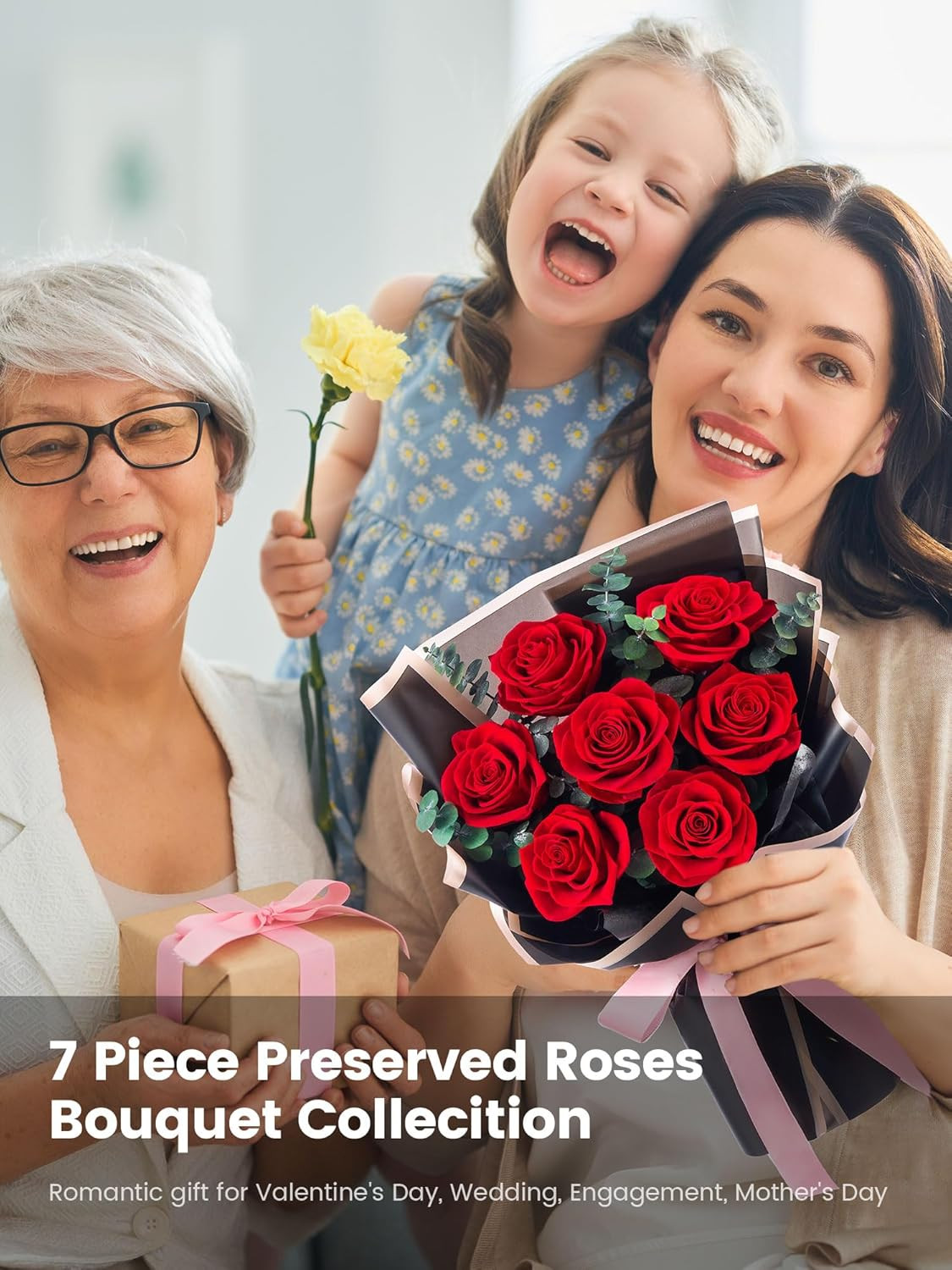 7 Piece Preserved Red Roses Bouquet Gift for Women Mother Wife