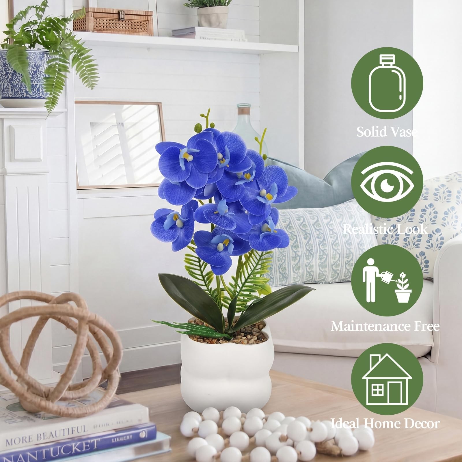 14″ Tall Artificial Orchids Flowers with Plastic Vase Blue 3D Printed Washabl…