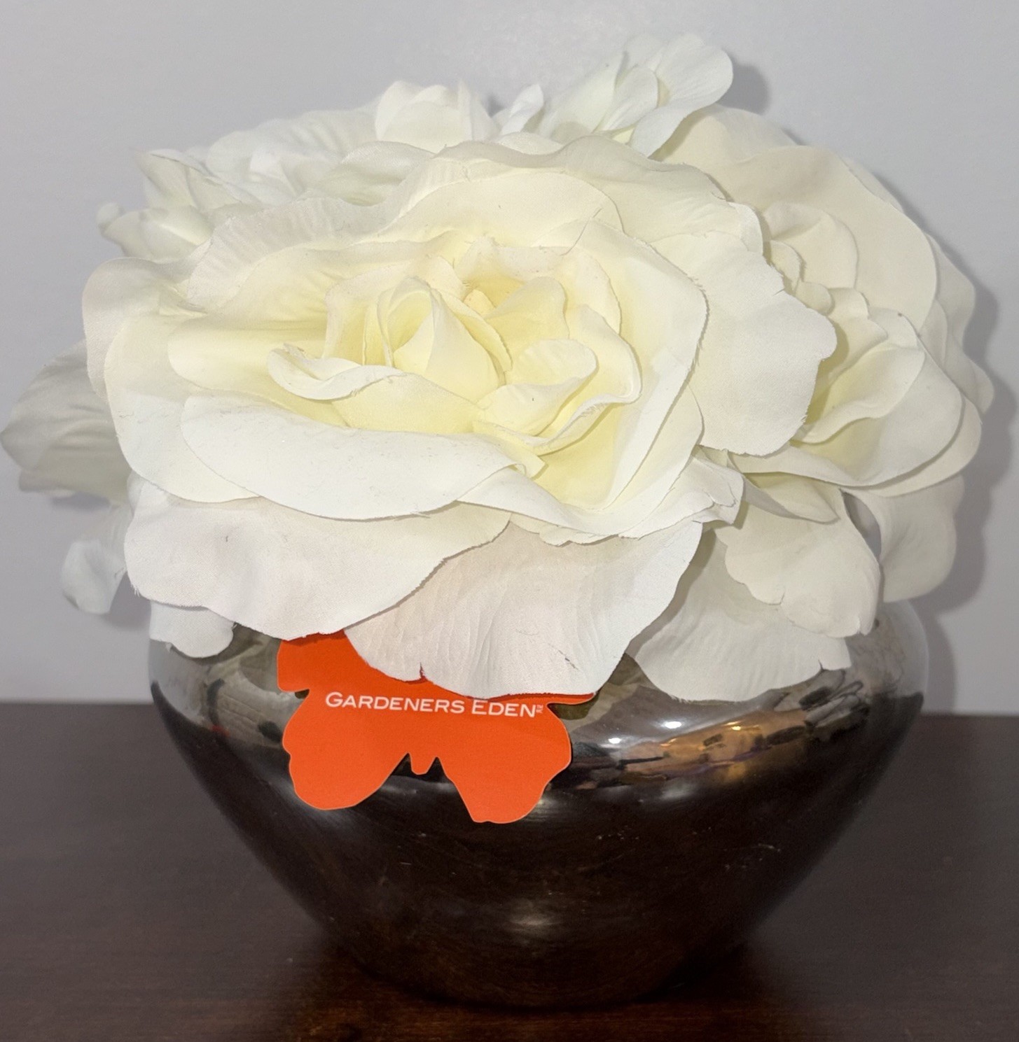 Gardeners Eden Faux White Rose Floral Arrangement in Silver Bowl Centerpiece 8×8