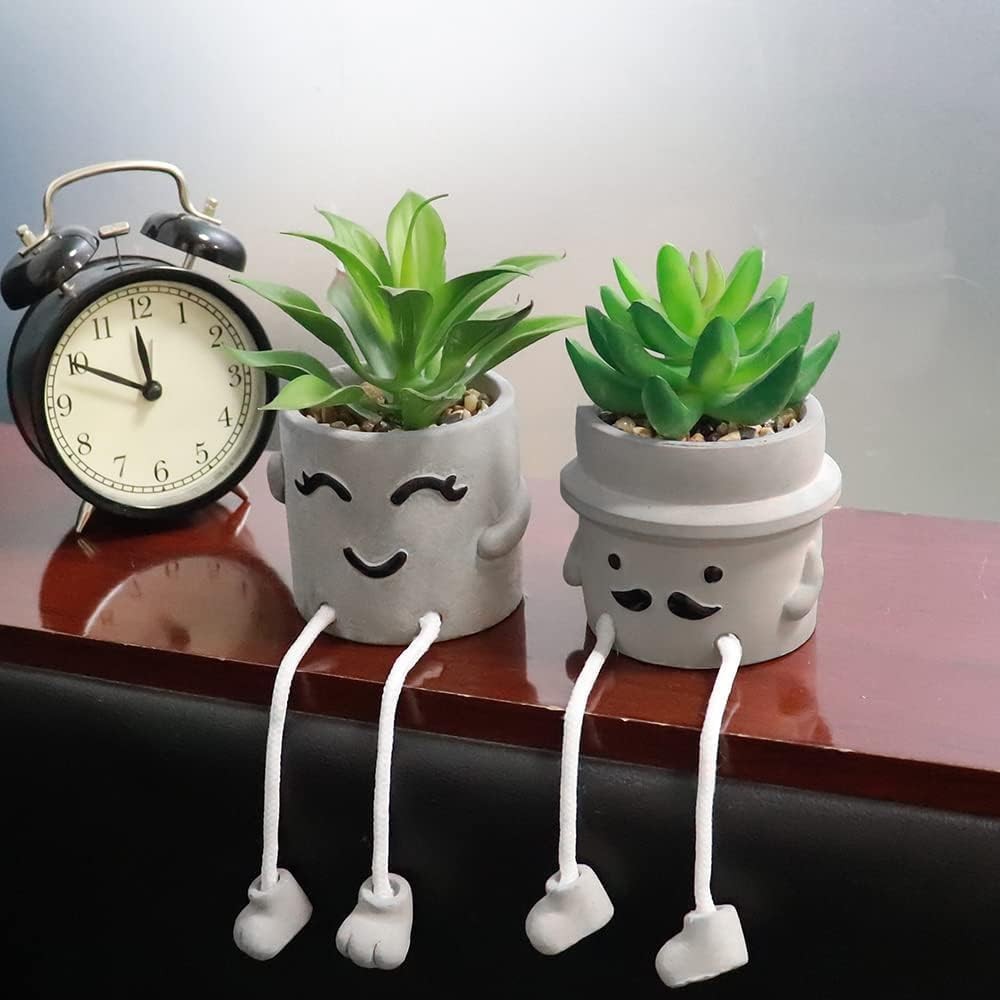 4 PCS Creative Artificial Succulent Plants Cement Pot Hanging Leg Decor Set